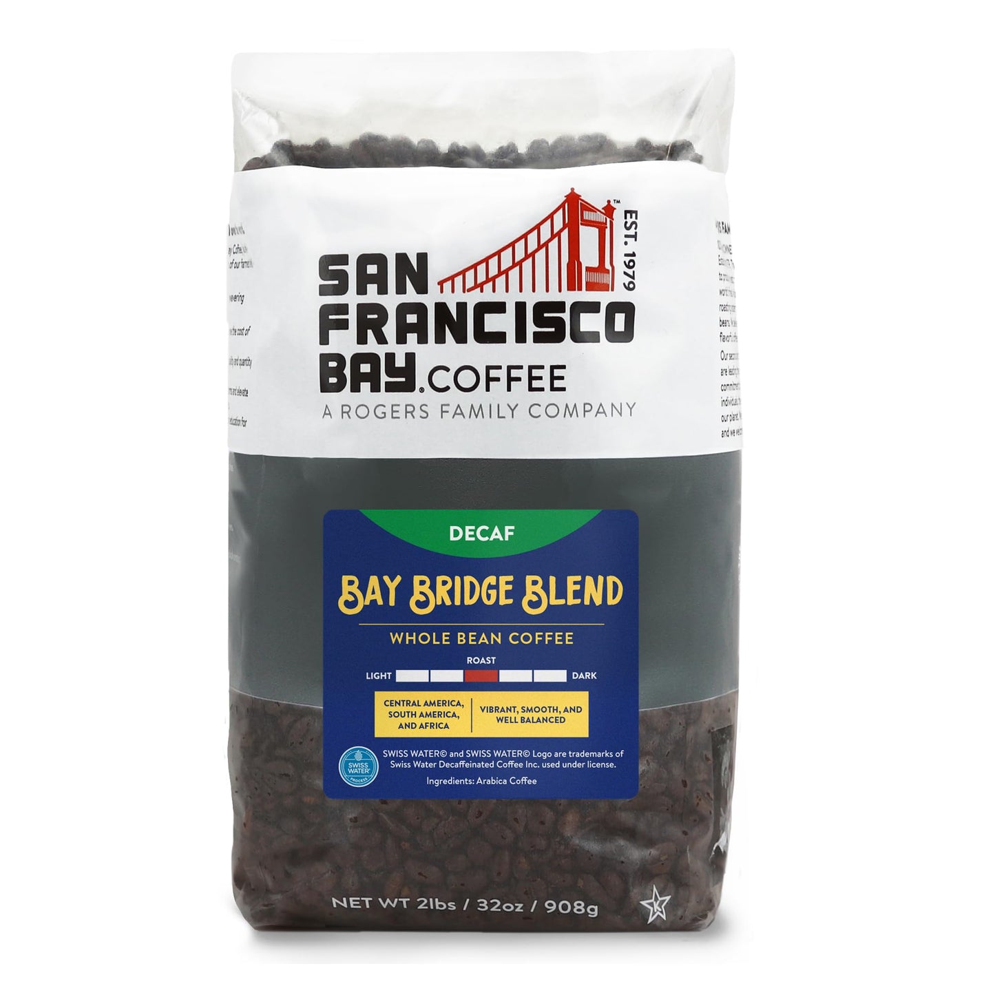 SAN FRANCISCO BAY Whole Bean Coffee - DECAF Bay Bridge Blend, Medium Roast, 2lb Bag