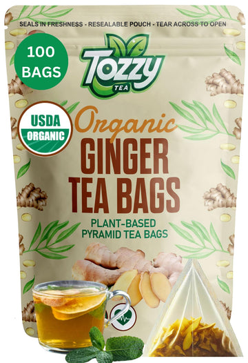 Tozzy Usda Organic Ginger Tea - 100 Count (Pyramid Tea Bags) | Pure Plant-Based Ingredients | Eco-Conscious Packaging