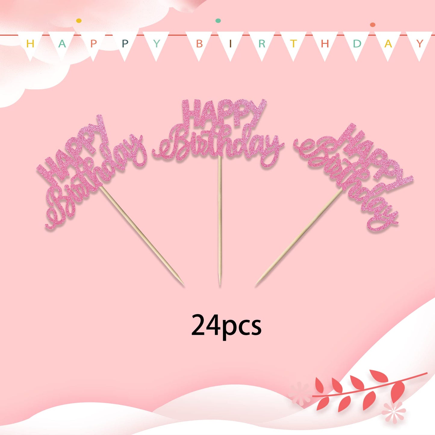 YCTHUNFISH 24 Pack Cupcake Toppers Glitter Bamboo Picks W 2.5 inch H 4.2 inch Pink for Birthday Baby Shower Party Decorations