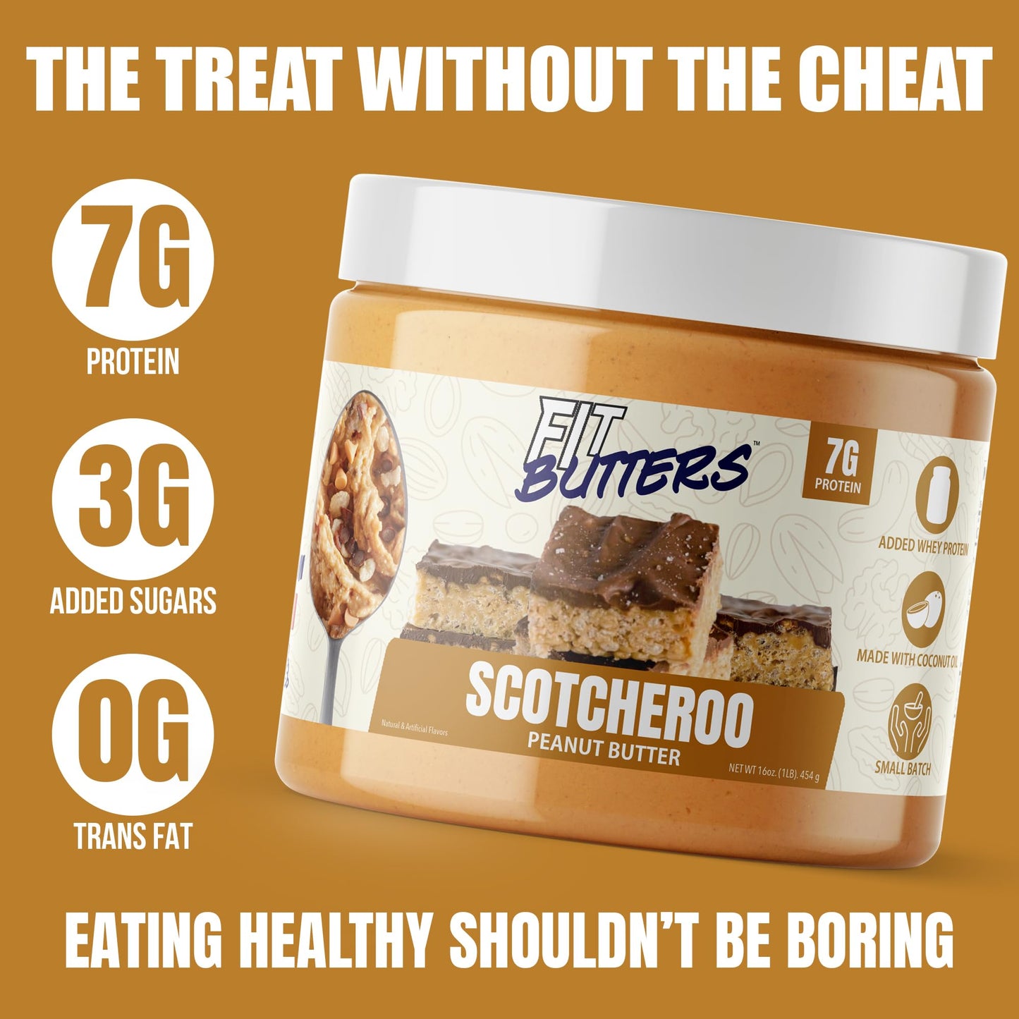 Fit Butters Scotcheroo Peanut Butter Spread - Added Protein And Coconut Oil, Low Carb, Low Sugar, Complete Protein Dessert Flavo