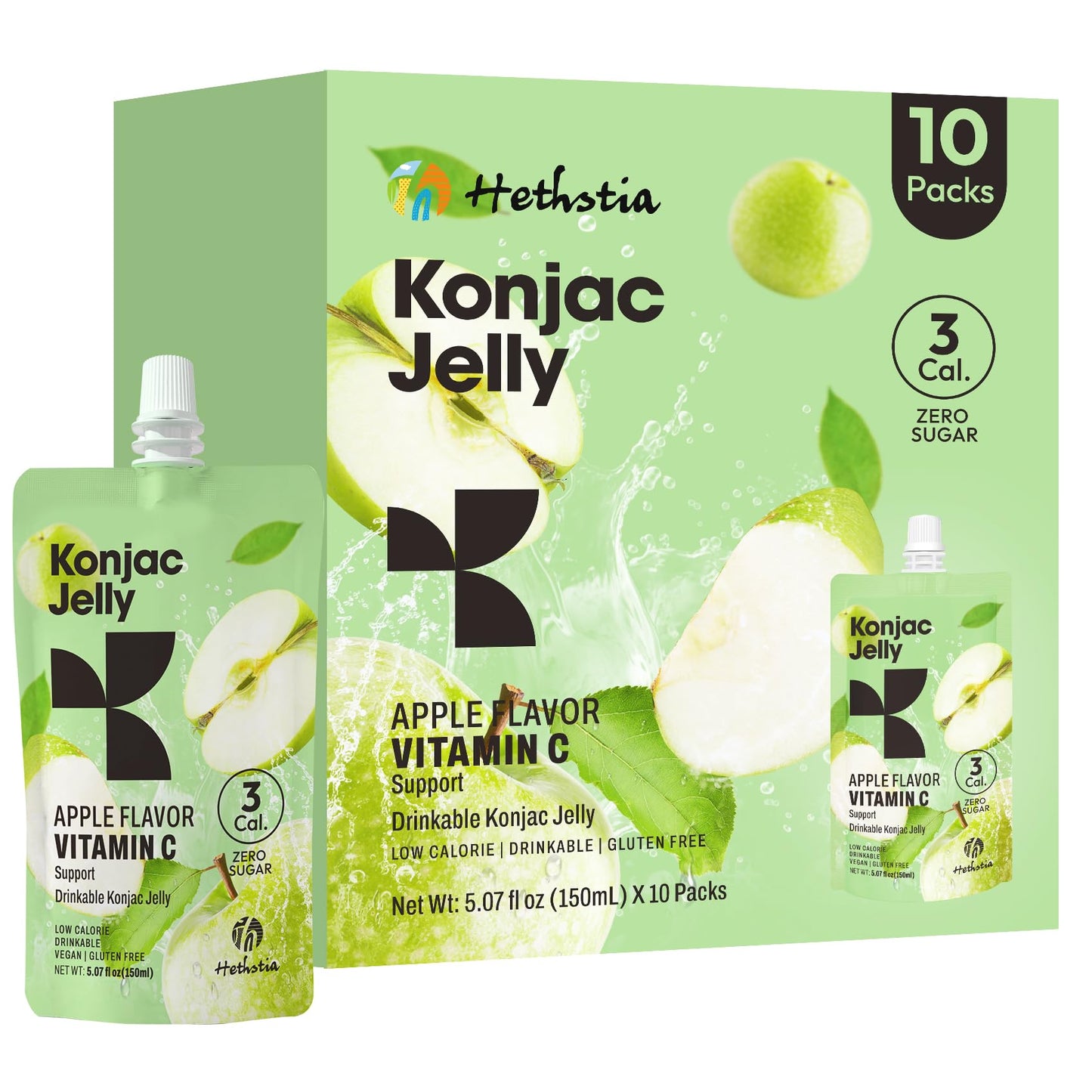 Hethstia Konjac Jelly Apple Flavor - 10 Packs Drinkable Fruit Jelly Squeeze Pouches, 3 Kcal, 0 Sugar, Keto, Vegan, Gluten-Free, 