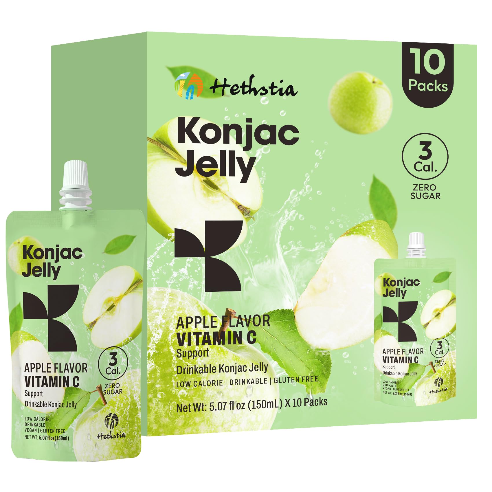 Hethstia Konjac Jelly Apple Flavor - 10 Packs Drinkable Fruit Jelly Squeeze Pouches, 3 Kcal, 0 Sugar, Keto, Vegan, Gluten-Free, 