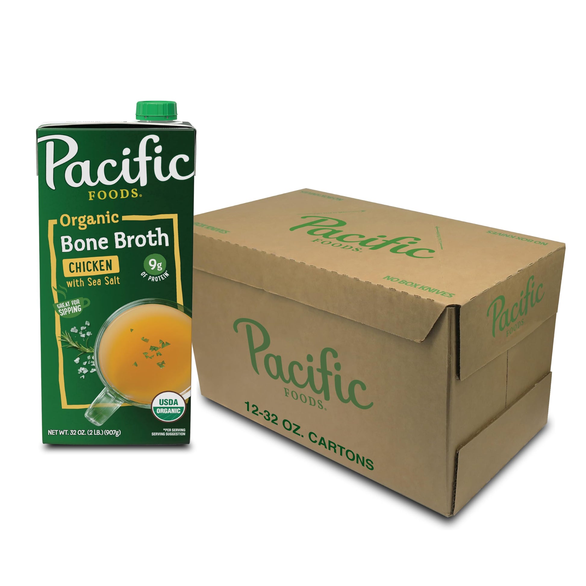 Pacific Foods Organic Chicken Bone Broth, Sea Salt, 32 Fl Oz (Pack of 12), Natural, Model 5612