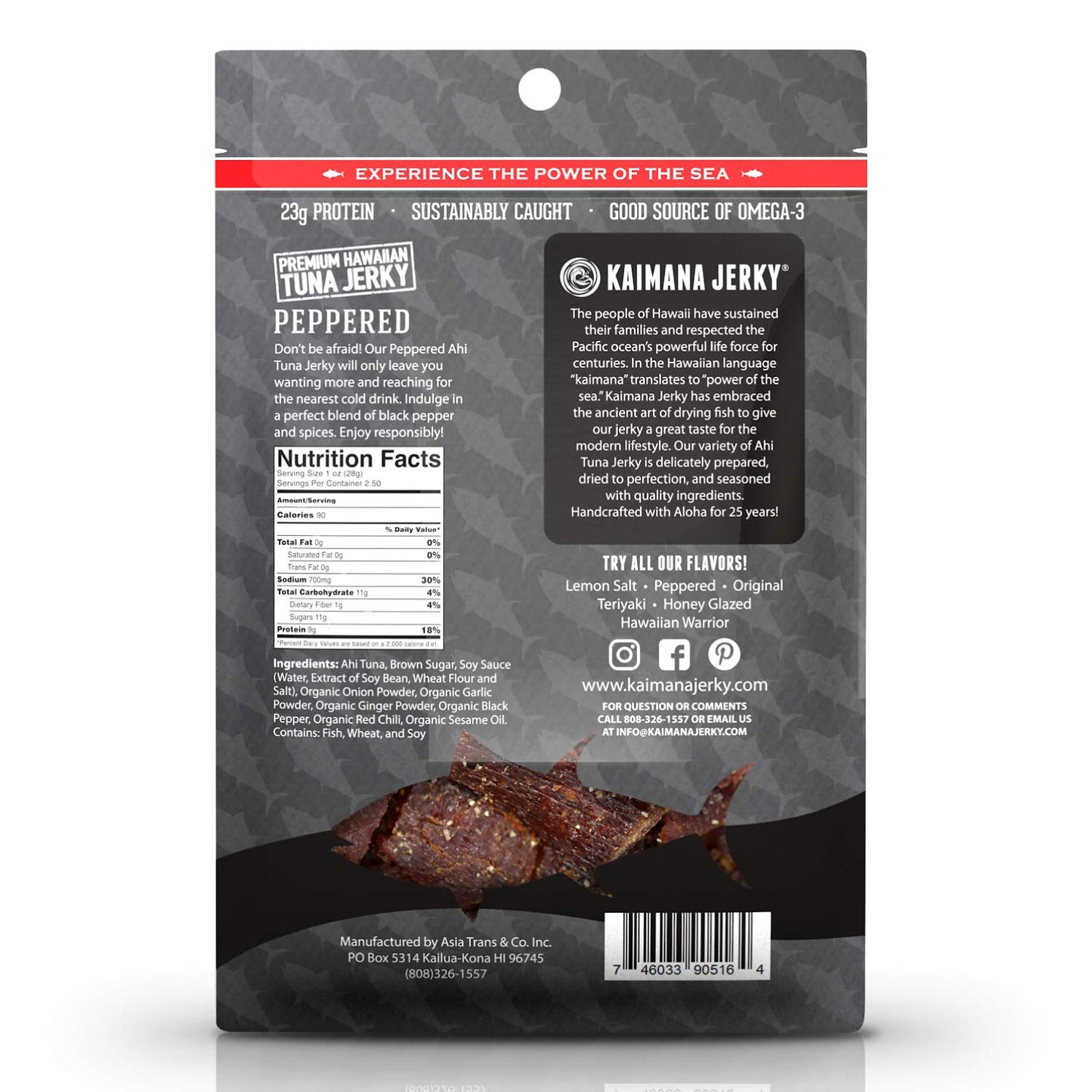 Kaimana Jerky Wild-Caught Ahi Tuna Jerky, Peppered, 2oz, All-Natural, High in Protein, Rich in Omega-3s