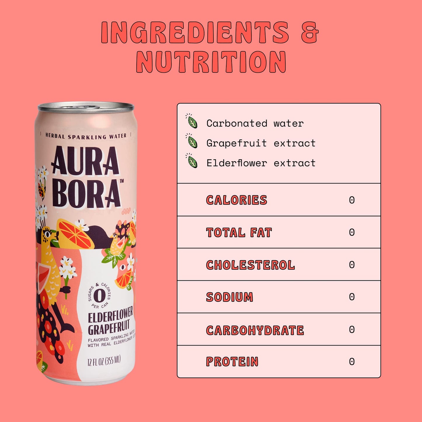 Aura Bora, Grapefruit Elderflower Herbal Sparkling Water, 12 oz Can (Pack of 12), 0 Calories, 0 Sugar, 0 Sodium, Non-GMO