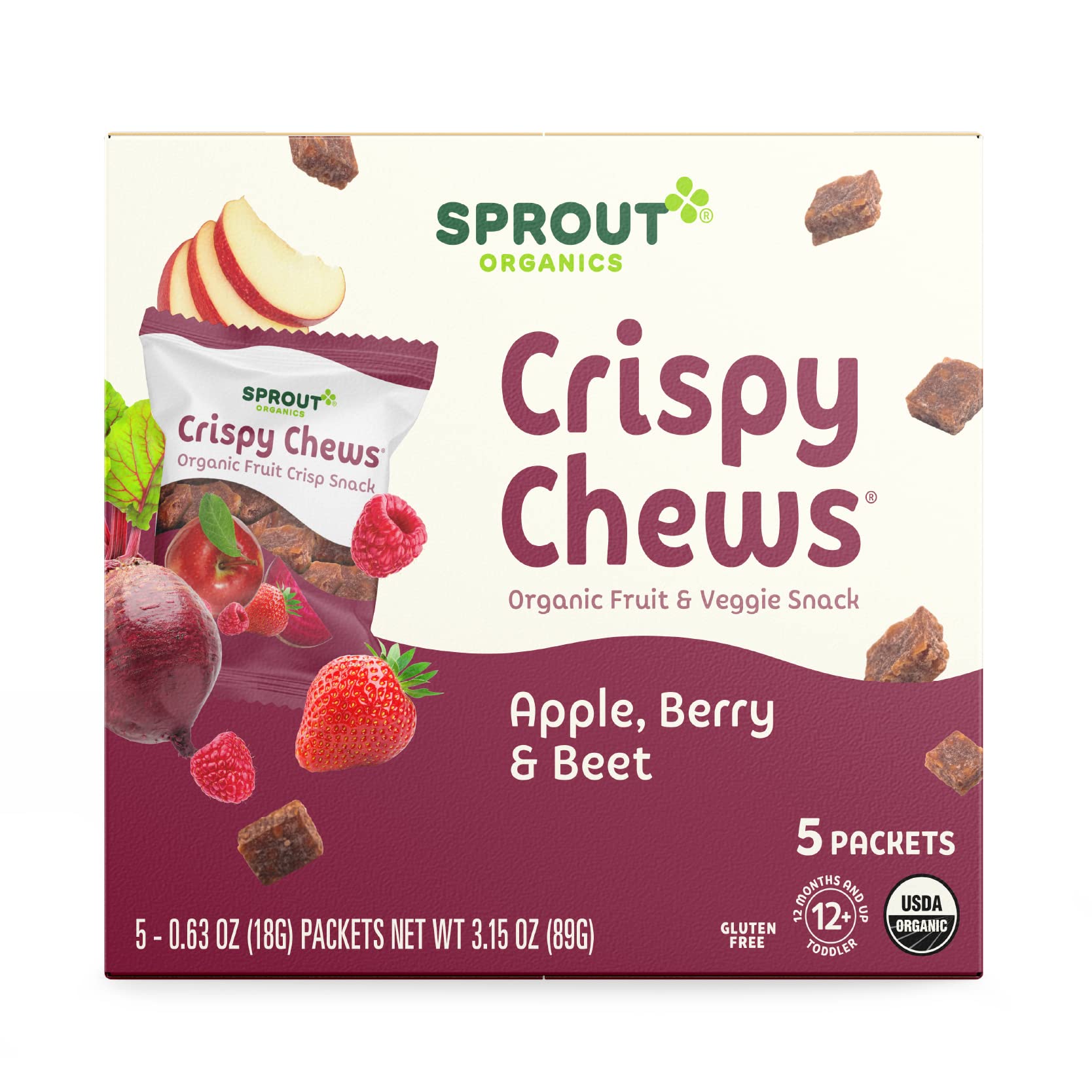 Sprout Organic Baby Food, Stage 4 Toddler Fruit Snacks, Red Fruit Beet & Berry Crispy Chews, 0.63 Oz Single Serve Packs (5 Count