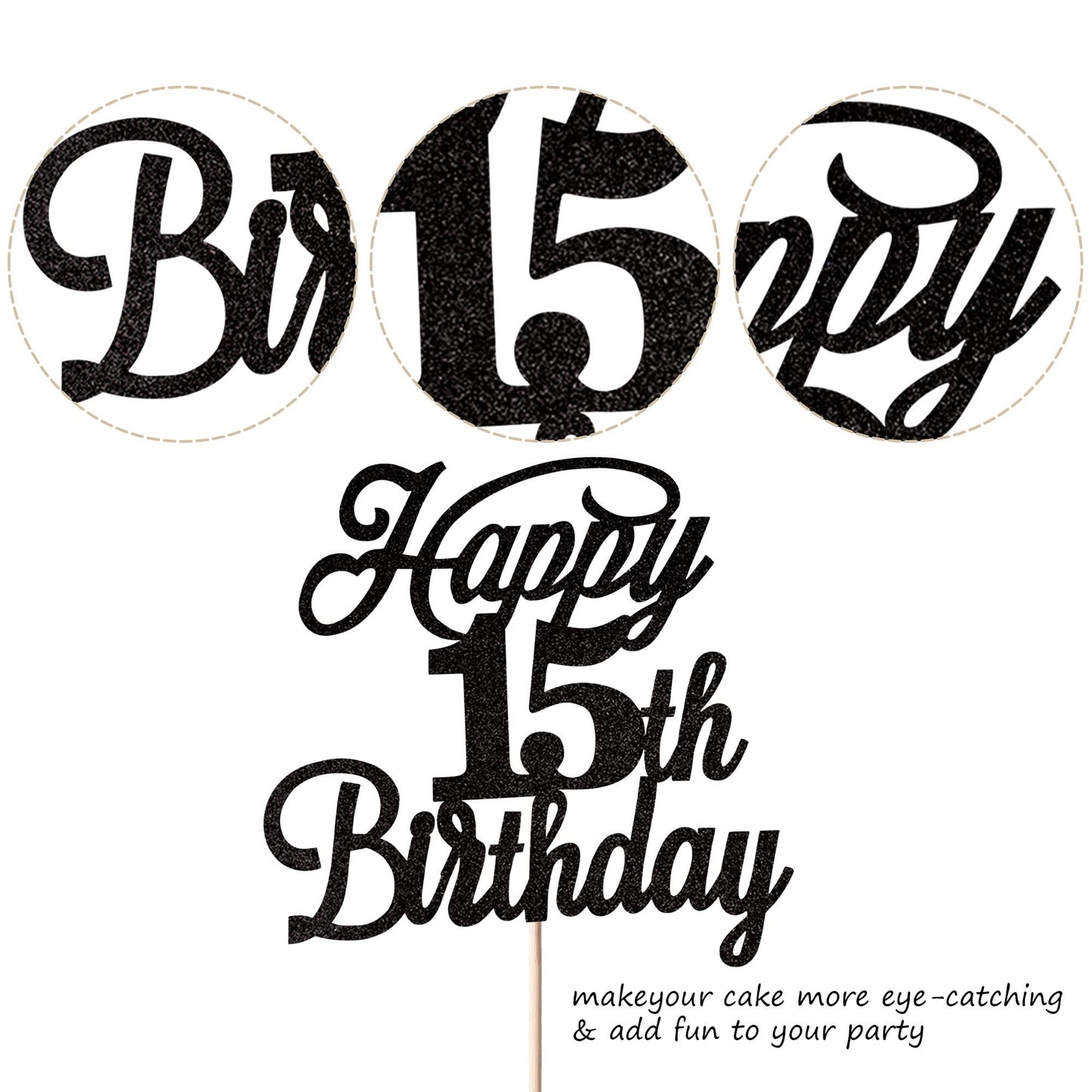 Rssta i Happy 15th Birthday Cake Topper Black Glitter - 15 & Fabulous Party Decoration