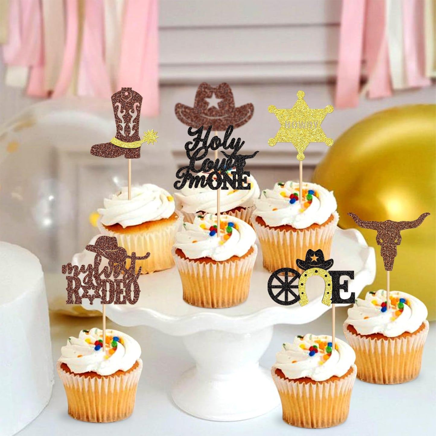 32 Pack Cowboy My 1St Rodeo Cupcake Toppers Holy Cow I'M One Horseshoe Cowboy Hats Western Theme Happy Birthday Baby Shower Part