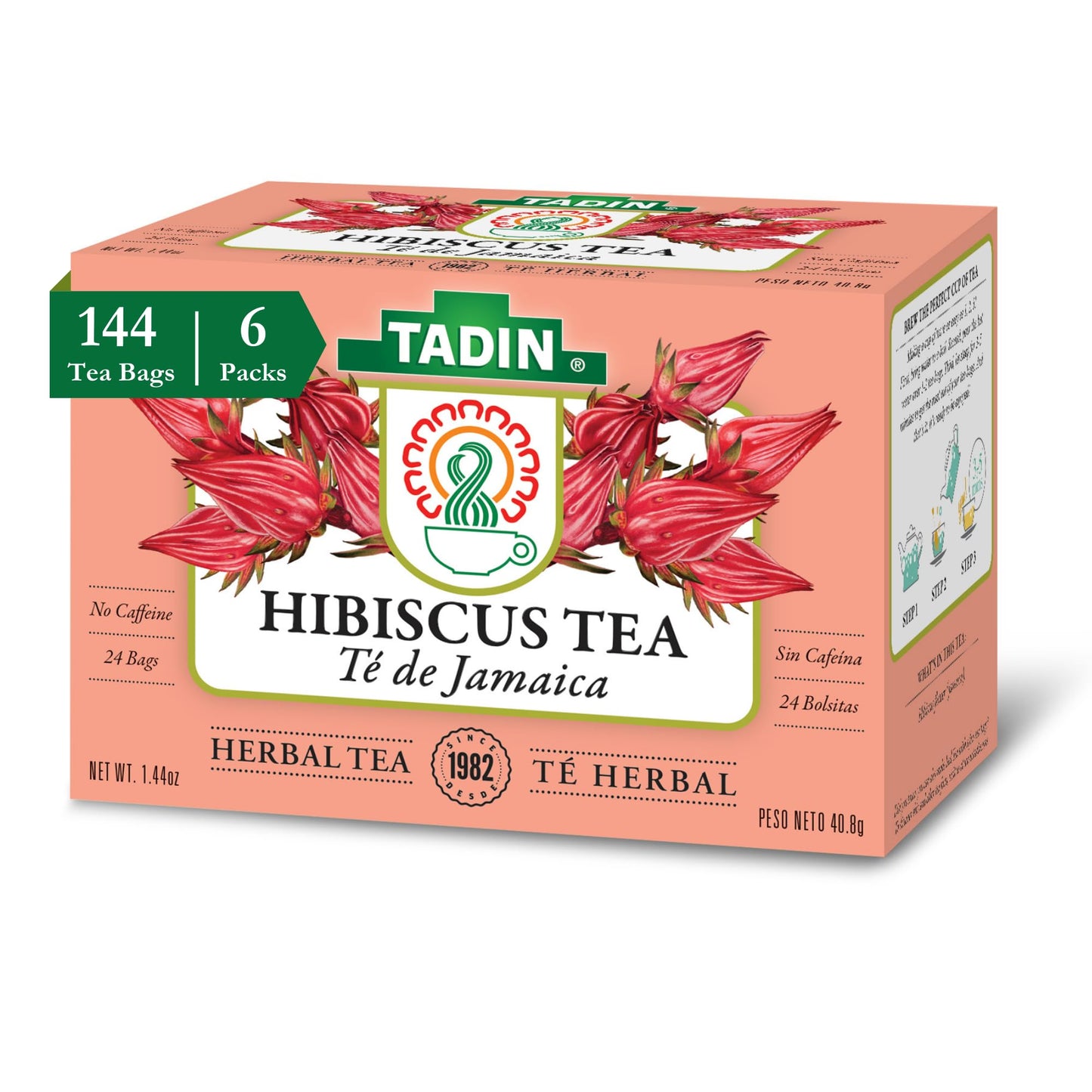 Tadin Hibiscus Herbal Tea, Caffeine Free, 24 Tea Bags, Pack of 6 Boxes