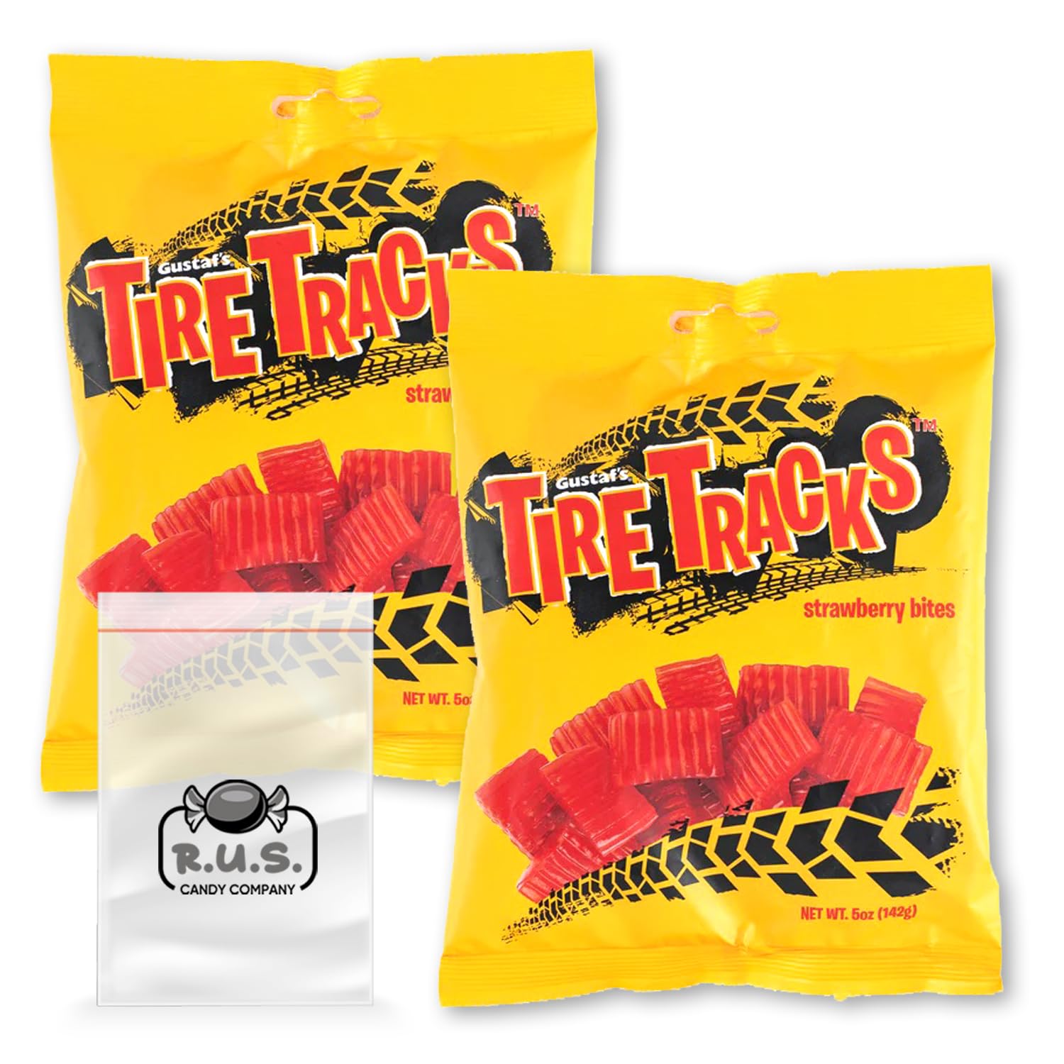 Tire Tracks Strawberry Bites, 2 Pack - 5 oz Each | Delicious Strawberry Flavored Candy | Imported Chewy Treats - comes with RUS 
