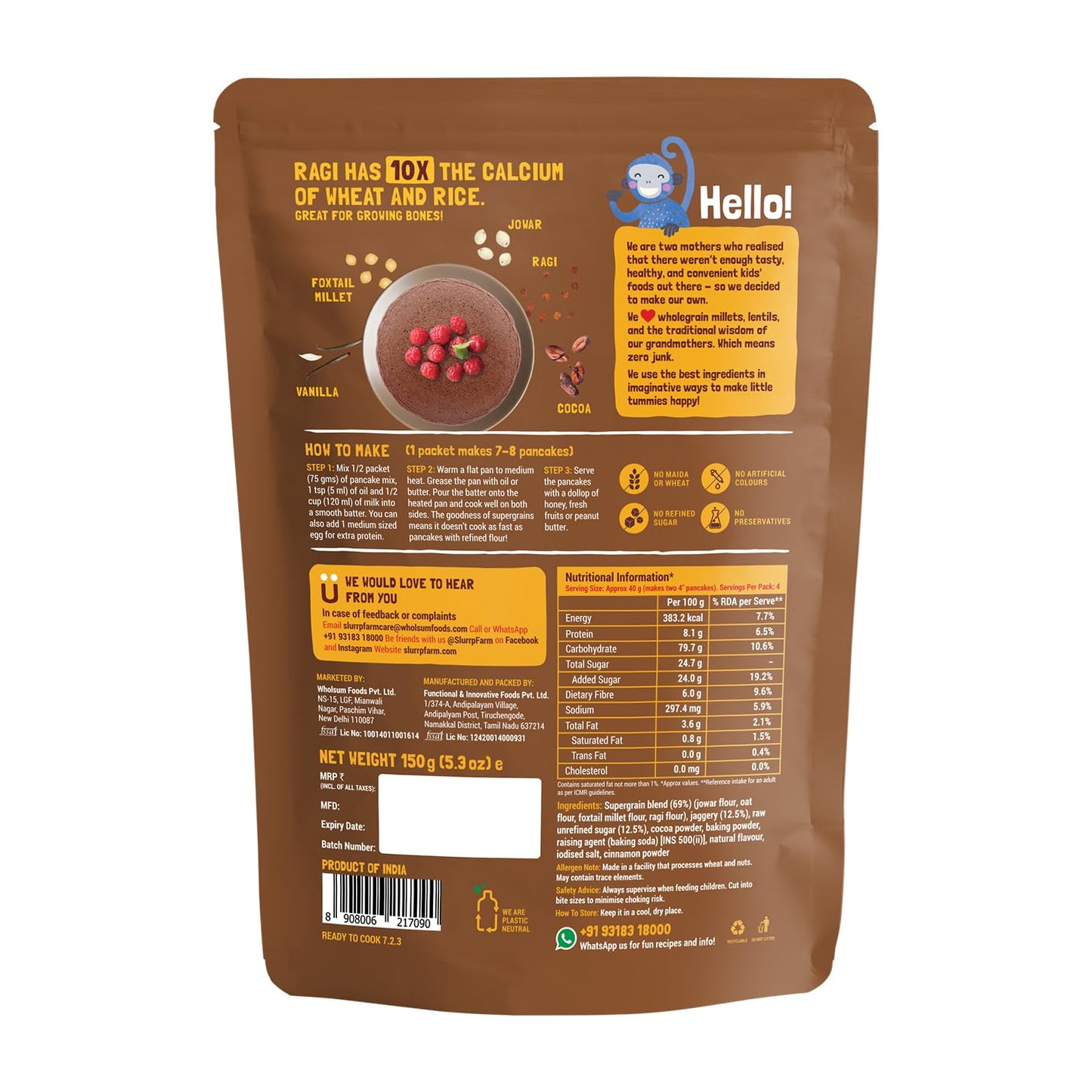 Slurrp Farm Instant Breakfast Millet Pancake Mix, Banana Choco-Chip, Supergrains And Chocolate, Natural And Healthy Food, 100% V