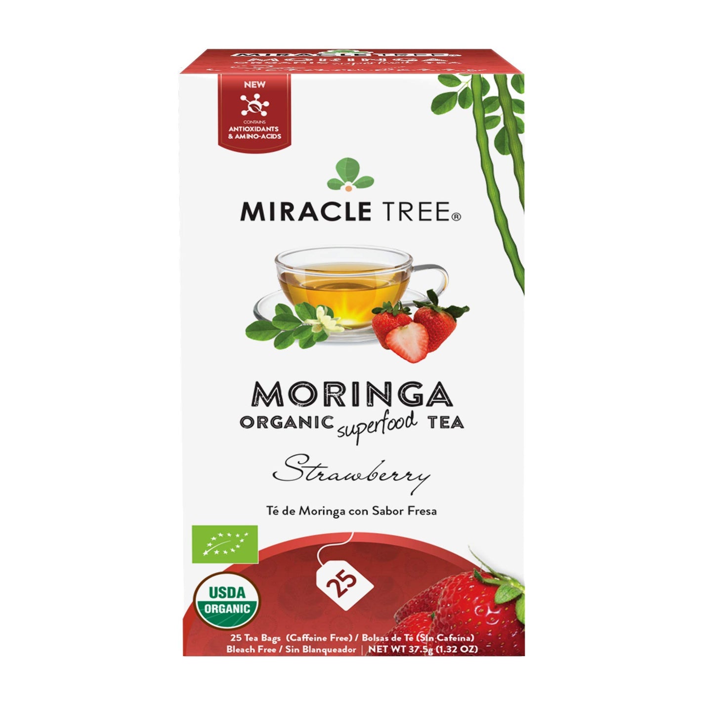 Tree Organic Moringa Superfood Tea - 12 Pack of 25 Individually Sealed Bags, Strawberry, Vegan, Gluten-Free, Caffeine-Free