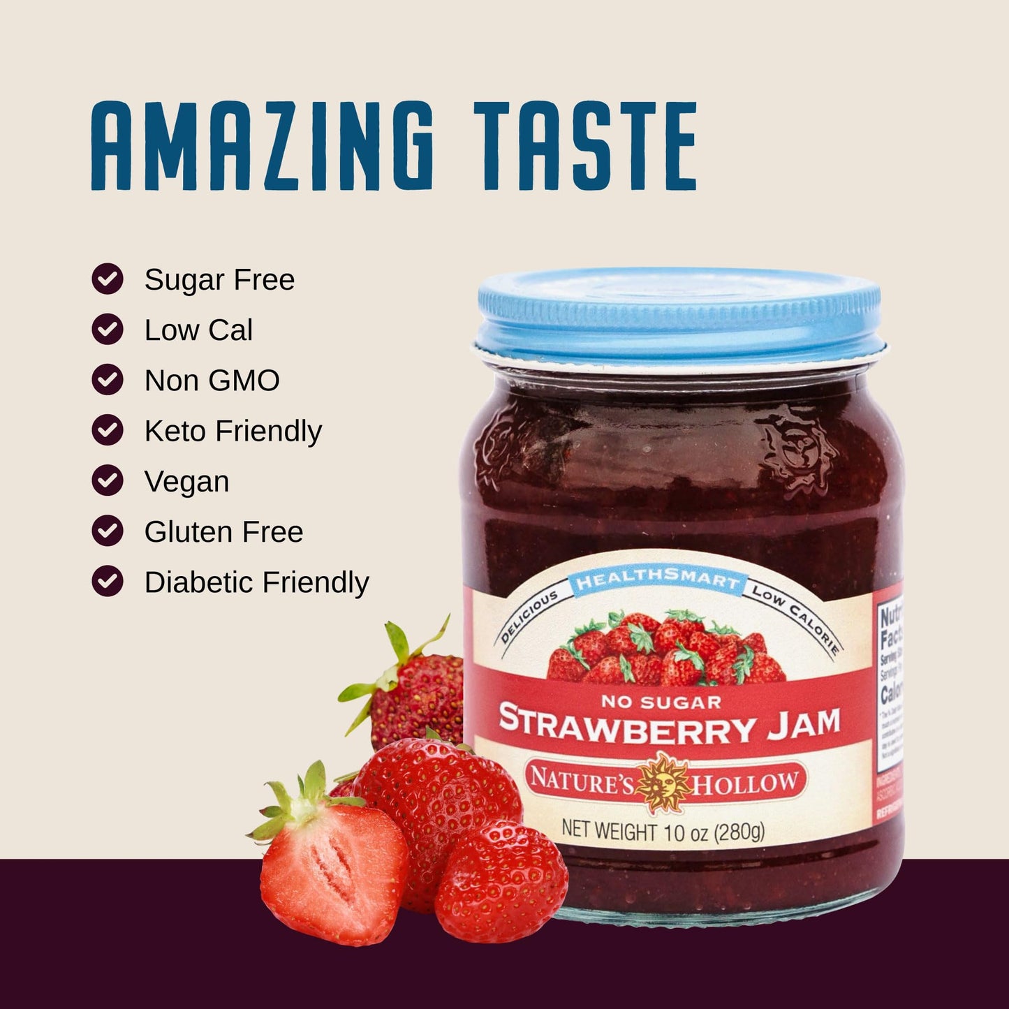 Natures Hollow Strawberry Jam, Sugar Free, Vegan, Gluten Free, 10oz Pack of 6