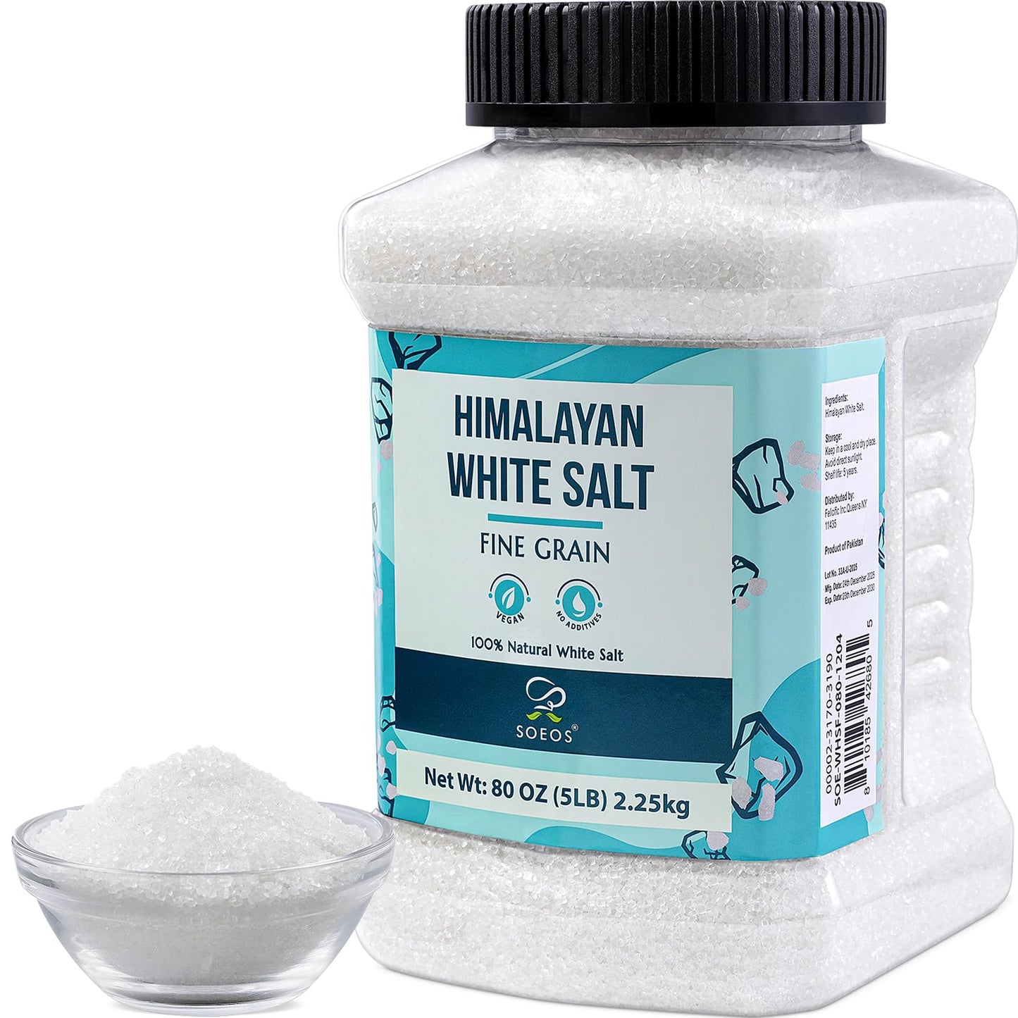 Soeos Himalayan White Salt Fine Grain, 80 oz (5 lb / 2.25 kg), Salt for Cooking, Baking, Seasoning & Everyday Kitchen Use