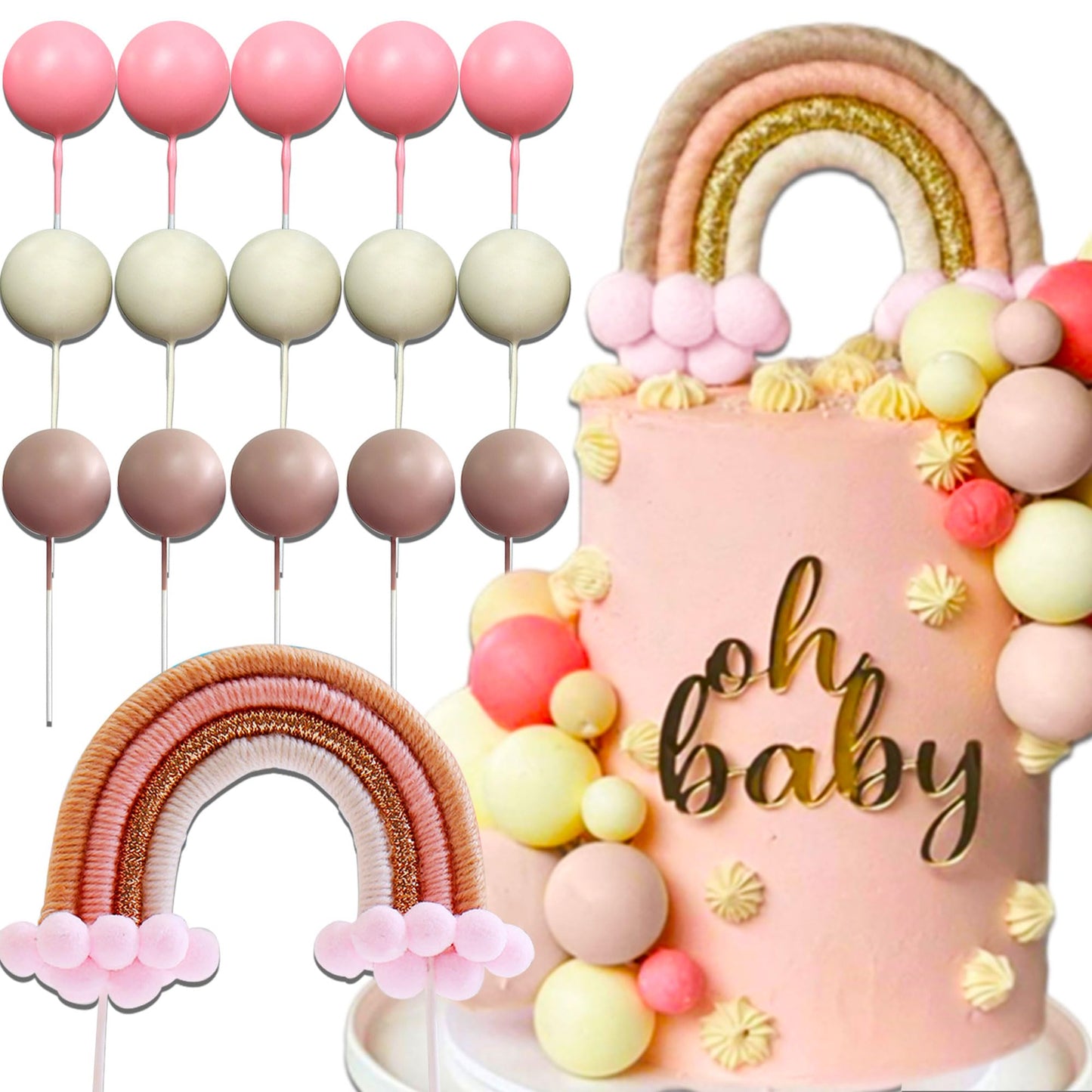 Jevenis 16 Pcs Boho Cake Topper Boho Rainbow Cake Decorations Boho Cake Topper Girls Birthday Baby Shower Cake Topper