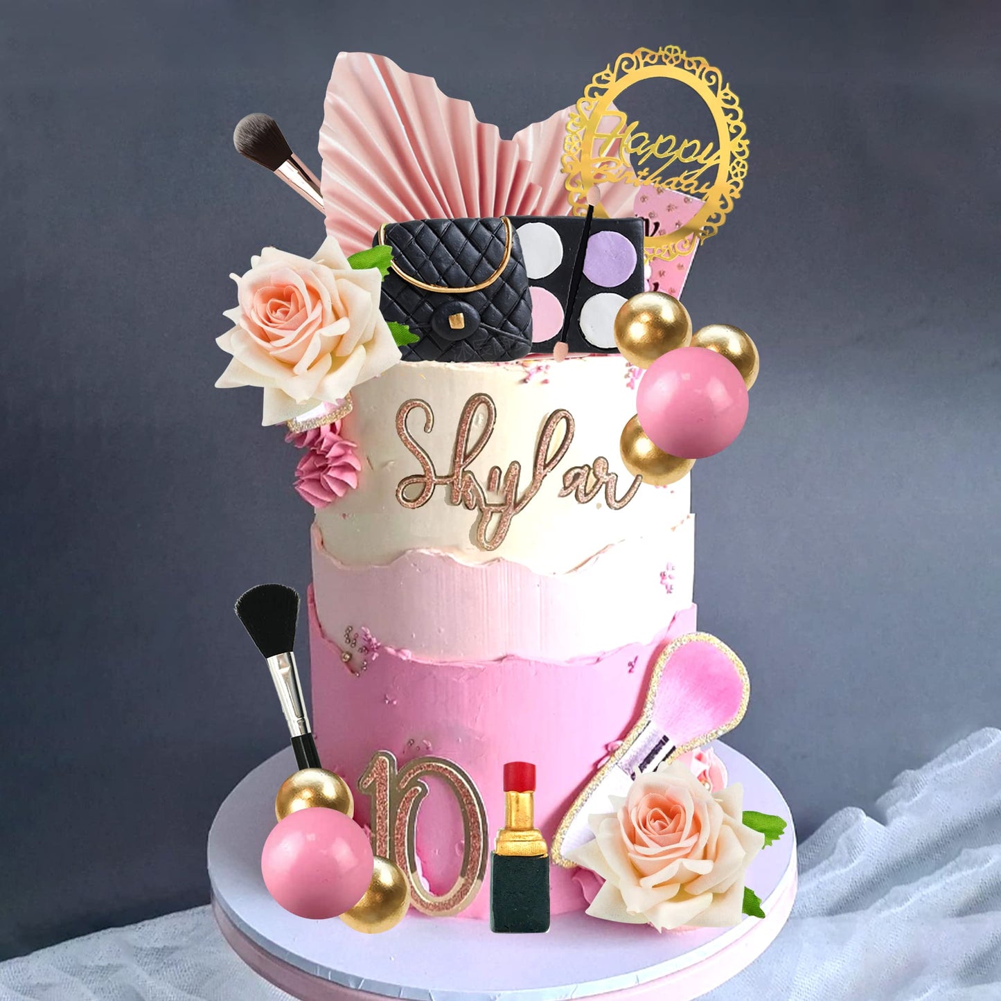 Makeup Cake Topper Cosmetics Artificial Rose Palm Leaves Happy Birthday Cake Toppers Spa Makeup Birthday Party Supplies For Girl