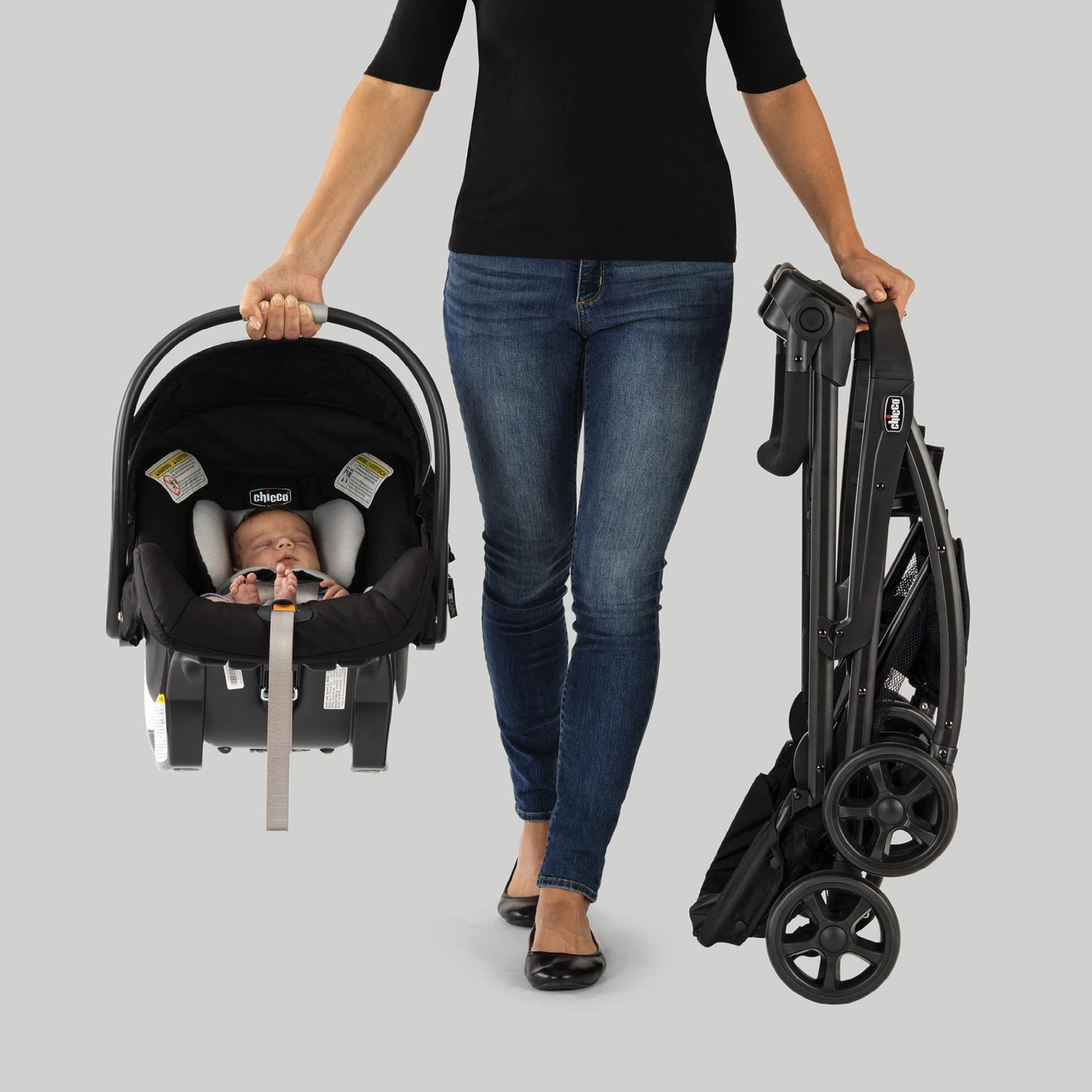 Chicco Keyfit Caddy Frame Stroller, Accepts All Chicco Infant Car Seats, Adjustable Handle, Parent Tray | Black/Black