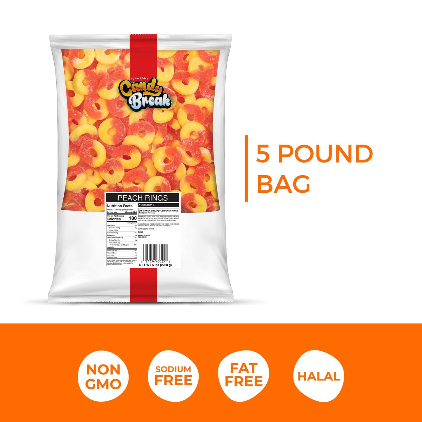 Candy Break Fruity Peach Rings 5 Lbs Share Size Bag - Sweet & Chewy Gummies Bulk Candy Pack - Snacks For Kids & Grown Ups