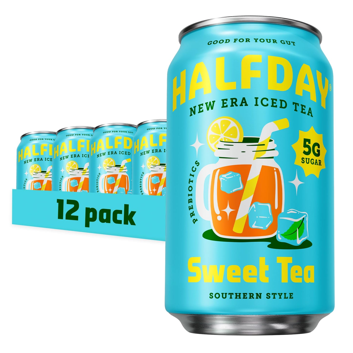 Halfday Prebiotic Sweet Tea Iced Tea Cans, 12 fl oz, 12 Pack, Organic, 6g Plant Fiber, 5g Sugar, Gluten Free, Keto, Natural C