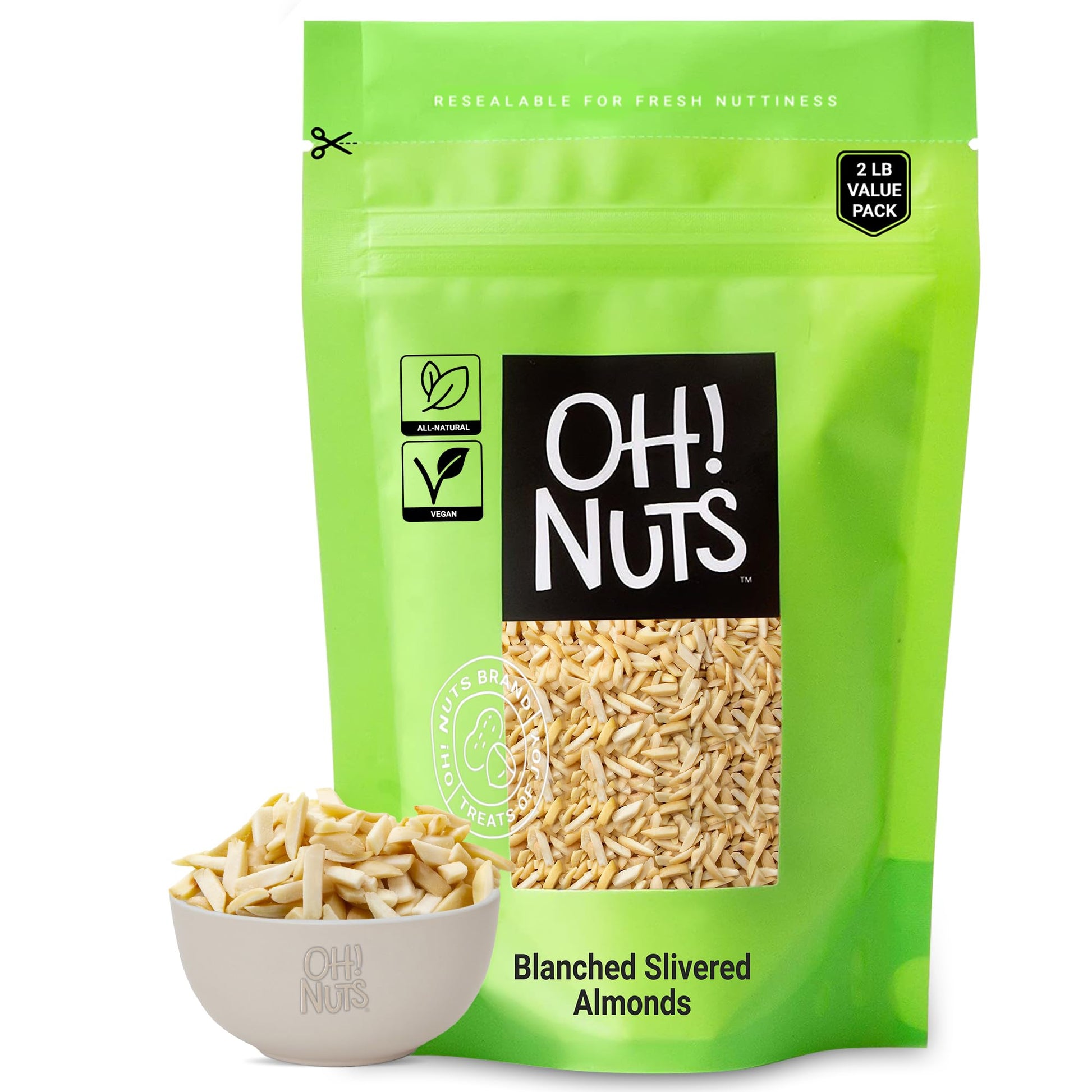 Oh! Nuts Almonds Blanched Slivered - Raw - 100% Natural - 2 lb - High-Protein Almond - Packed in New York Zip-Seal Bag for Excep