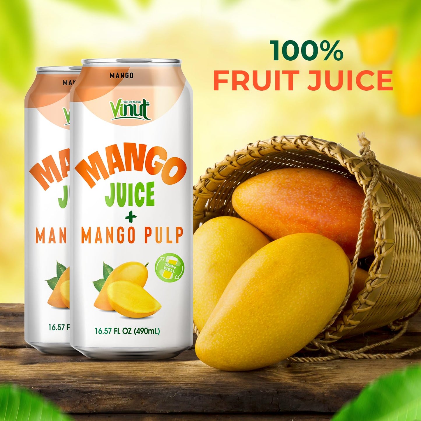 Vinut 100% Mango Juice With Pulp (16.57 Fl Oz, Pack Of 12), No Sugar Added, All Nature Mango Juice, Not From Concentrate, Mango
