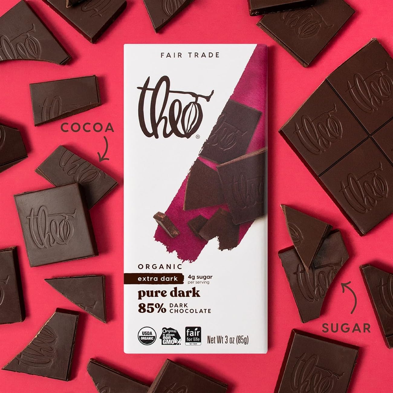 Theo Chocolate Pure Organic Dark Chocolate Bar 85% Cacao, 12 Pack | Vegan, Fair Trade