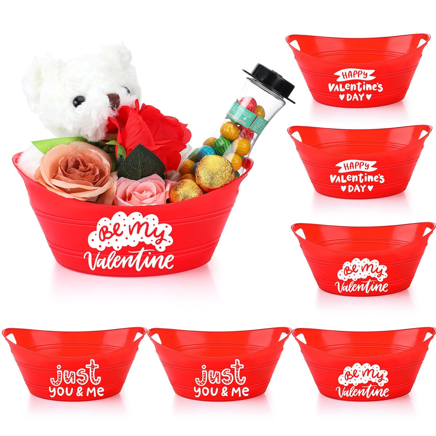 Menkxi 6 Pcs Valentines Day Gift Basket Red Empty Plastic Oval Gift Basket With Handles Storage Candy Chocolate Toy For Valentines Day Wedding Birthday Party Supplies