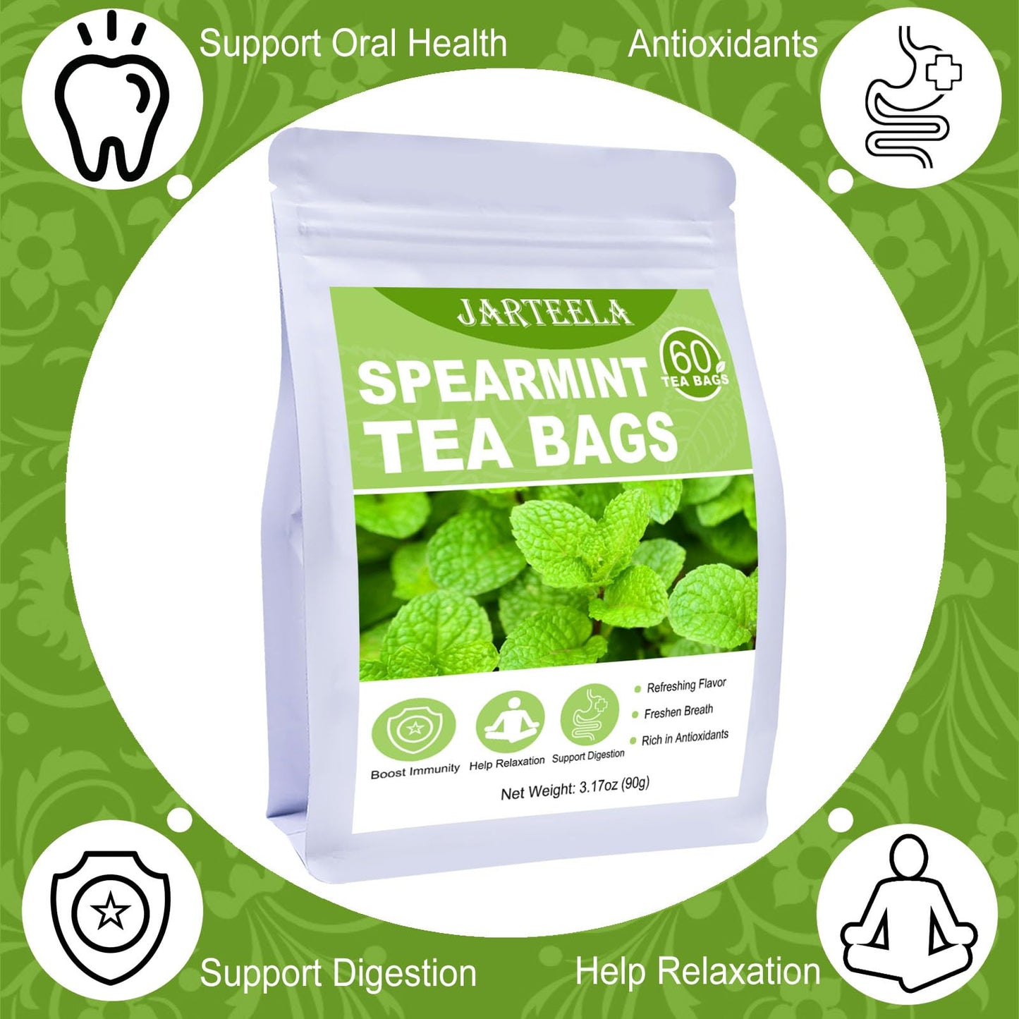 Jarteela Spearmint Tea Bags - 1.5g x 60 Count - Pure Herbal, Non-GMO, Caffeine-Free