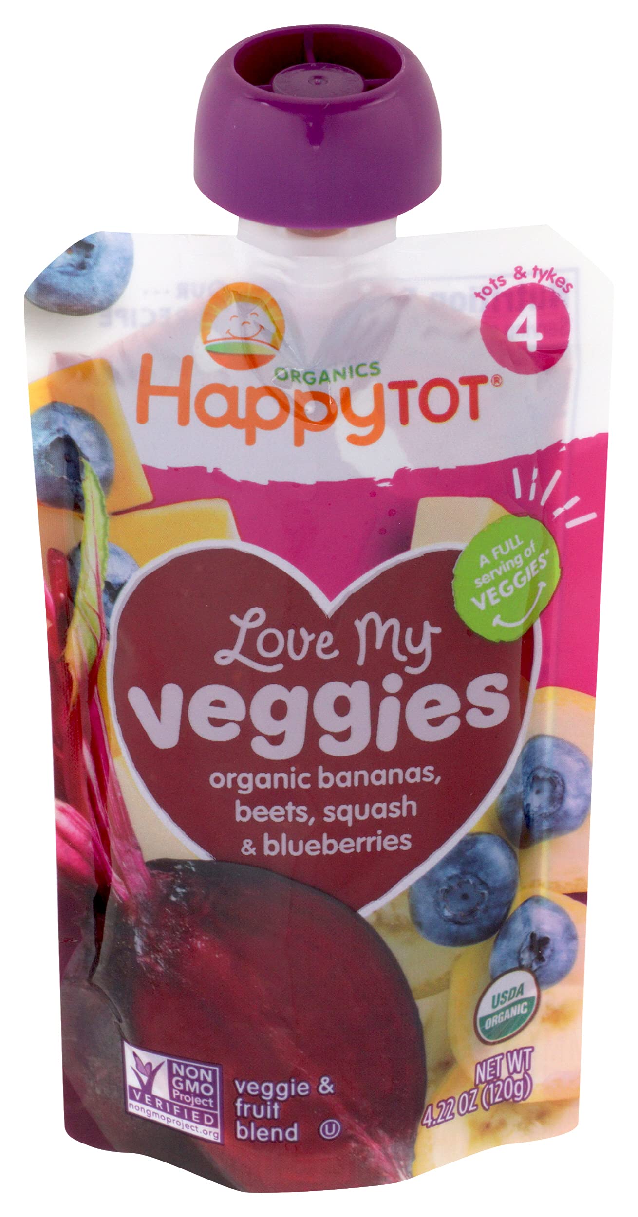Happy Tot Love My Veggies Stage 4 Organic Toddler Food Banana Beet Squash & Blueberry, 4.22 Ounce Pouch Organic Baby Food/Toddle