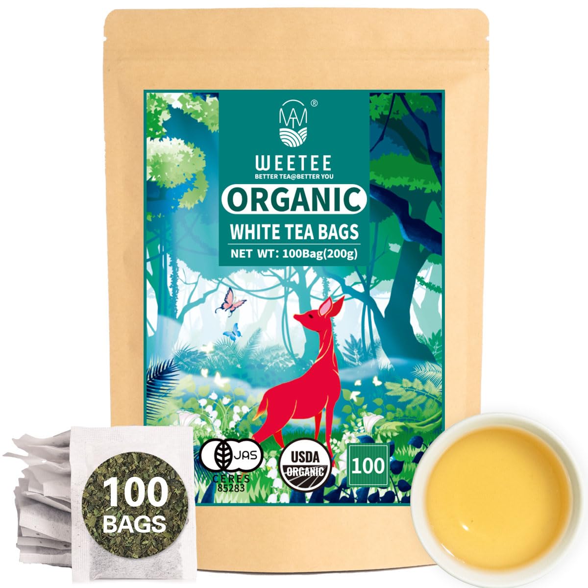 Wt Weetee Organic White Tea Bags, Organic Pure White Tea 100 Count, Mellow & Smooth, Perfect For Hot Or Iced Tea