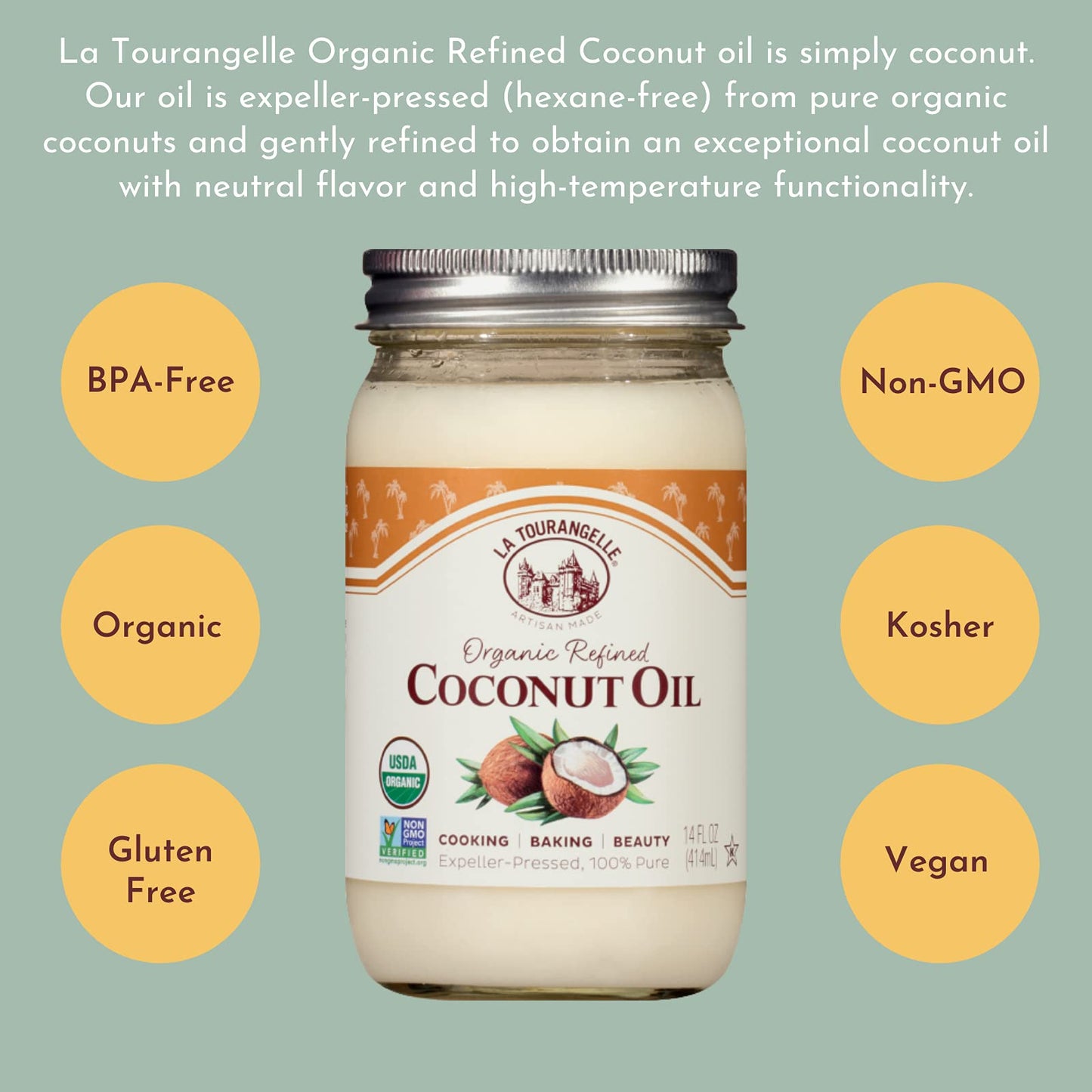 La Tourangelle, Organic Refined Coconut Oil, Great For Cooking, Baking, Hair, And Skin Care, 14 Fl Oz