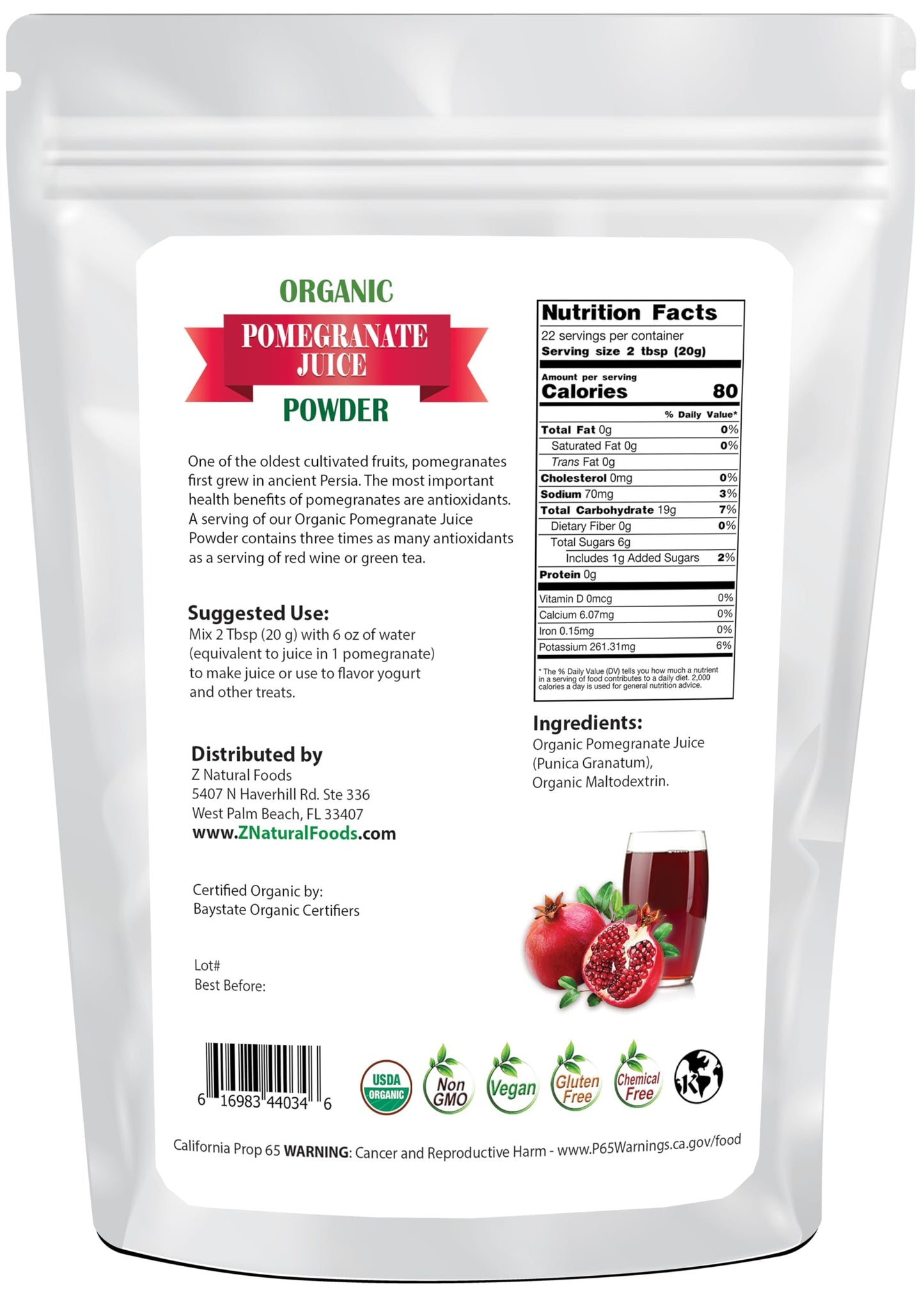 Z Natural Foods Pomegranate Powder - Organic Pomegranate Juice Powder, Pure & Natural Pomegranate Fruit Extract - Nutritious, An