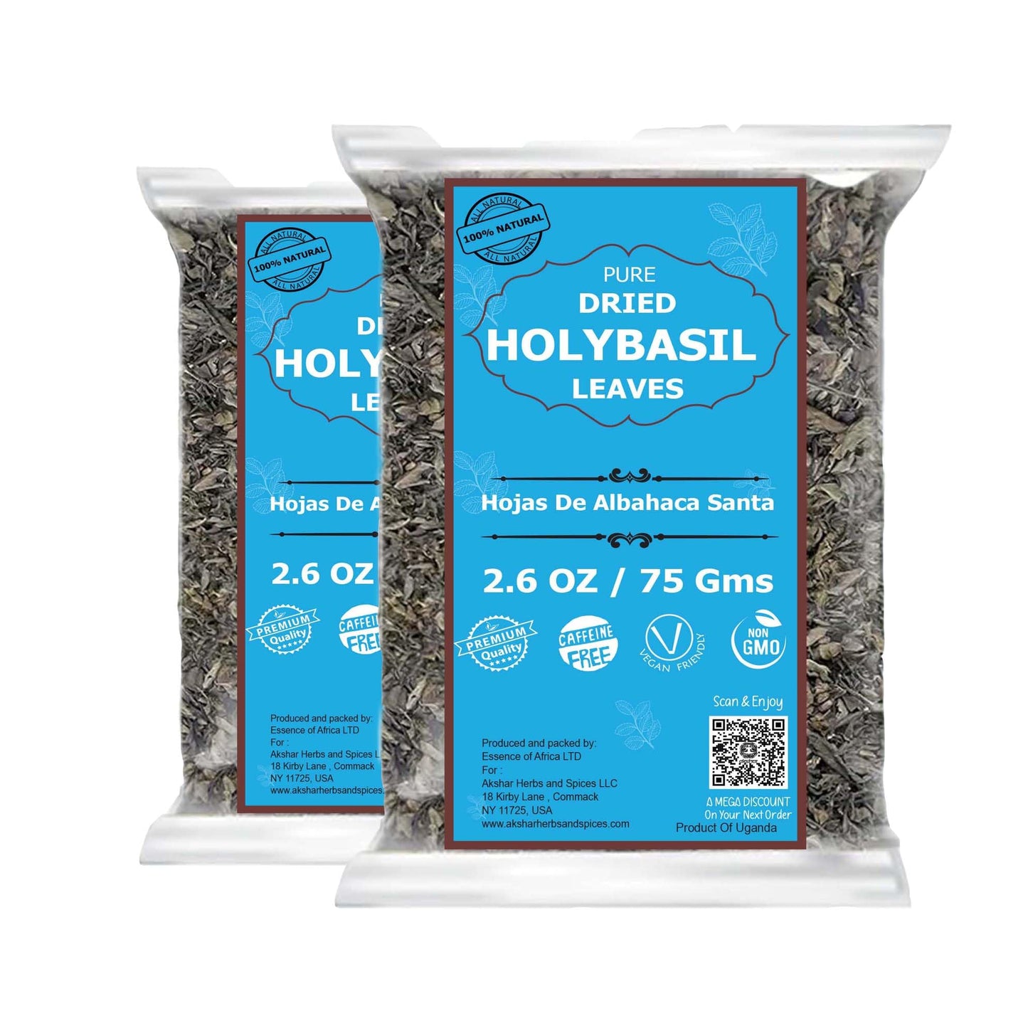 Akshit Organic Tulsi Basil Tea, Dried Leaves, Caffeine-Free, Non-GMO, Pack of 2, 5.2oz (150g)