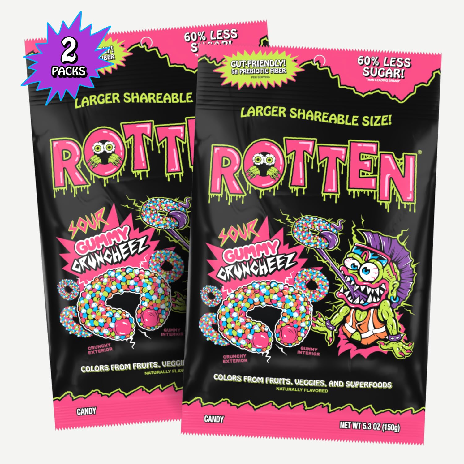 Rotten Sour Gummy Cruncheez - Low Sugar, Low Calorie, 5g Gut-Friendly Prebiotic Fiber, Gluten Free Candy, No Artificial Dyes - 5