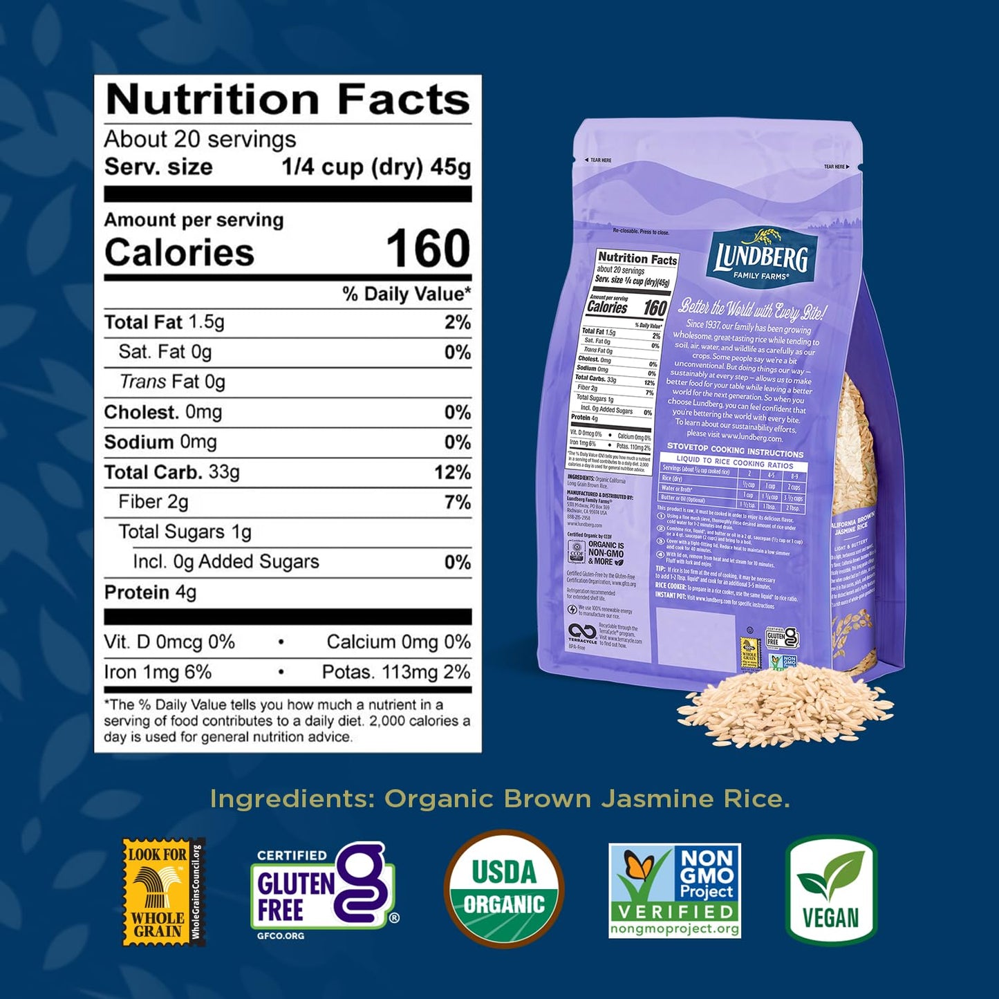 Lundberg Family Farms - Organic California Brown Jasmine Rice, Herbaceous Scent, Clings When Cooked, 100% Whole Grain, High Fibe