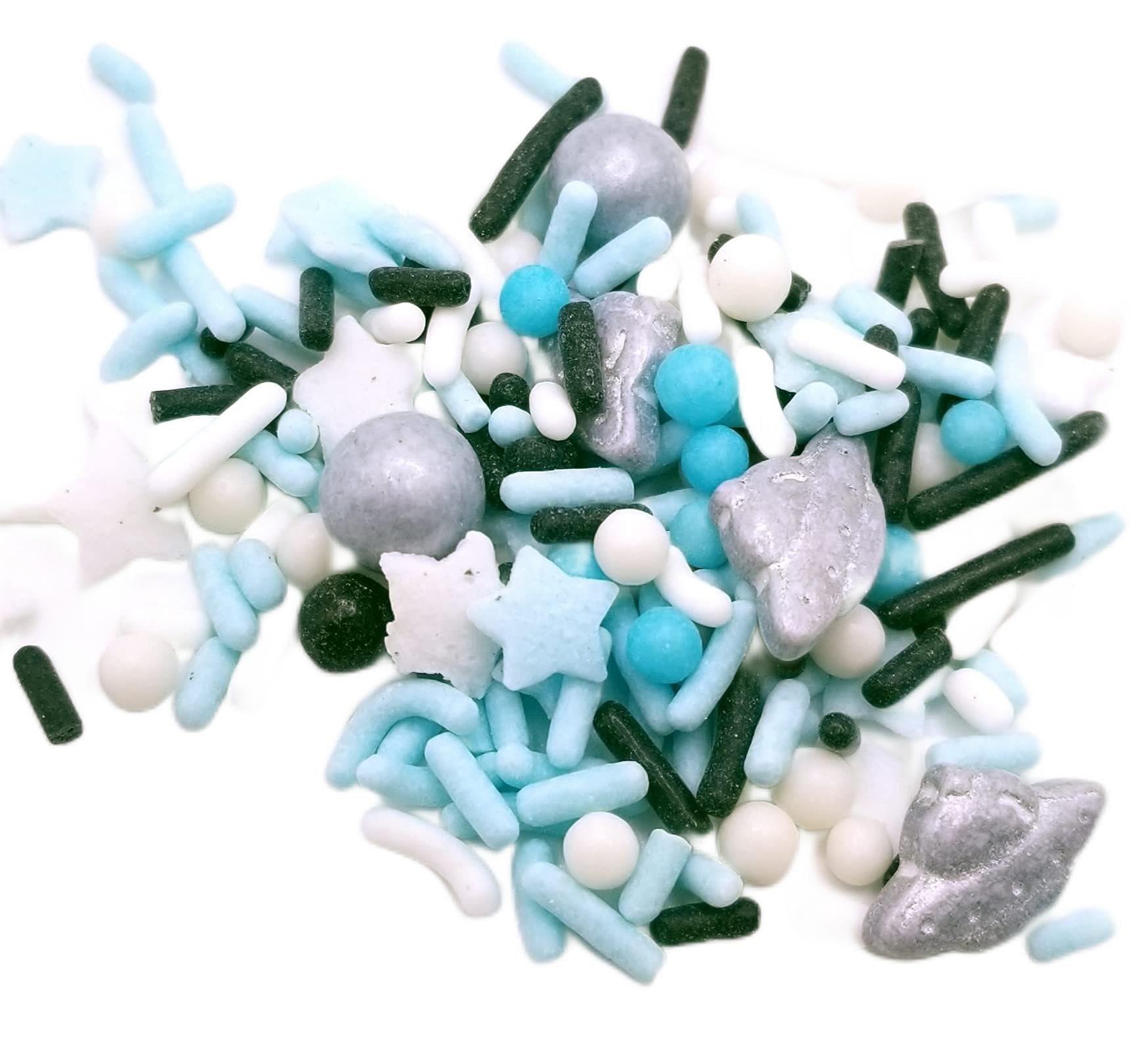 NCS Blue, Silver, White, and Black UFO Spaceship Edible Candy Sprinkles, 8 ounces - Great for Cupcakes, Cookies, Cakes, Cakes Po