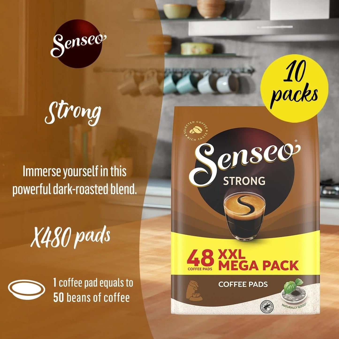 Senseo Strong Dark Roast Coffee Pods, 48 Count (Pack of 10) - Single Serve Coffee Pods Bulk Pack for Senseo Coffee Machine - Com