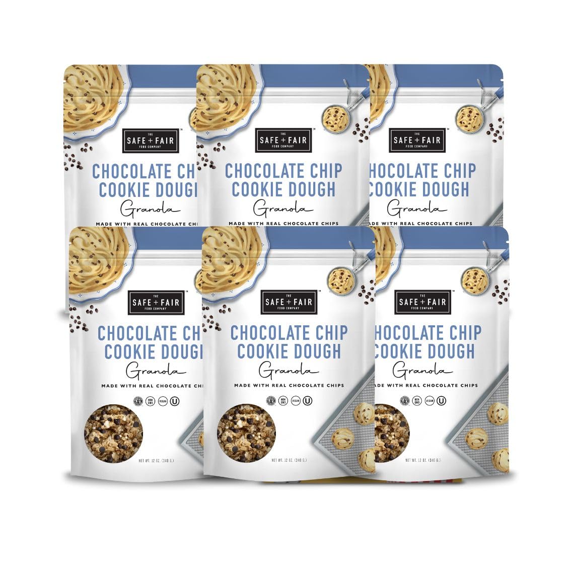 The Safe + Fair Food Company Chocolate Chip Cookie Dough Granola - Gluten-Free, Vegan, Allergen-Free - 12oz Pack, 6 Count Case