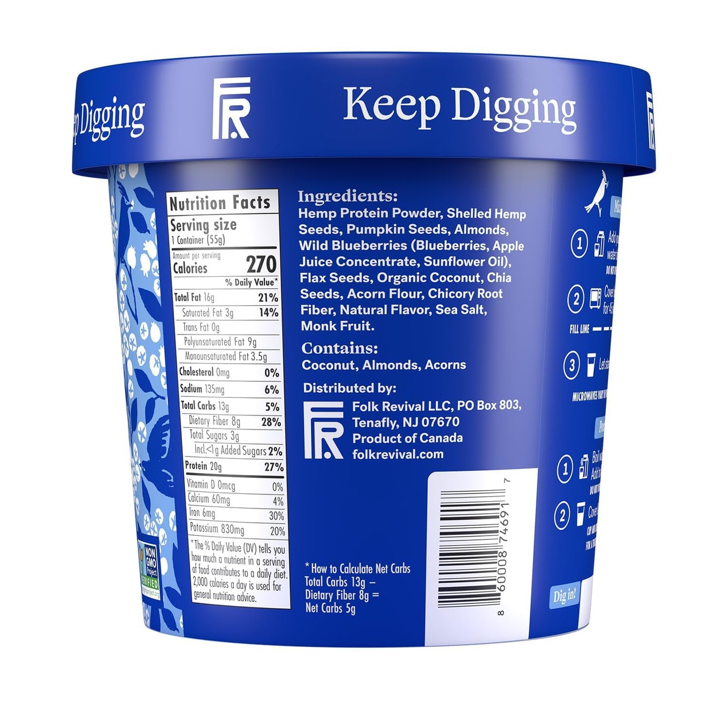 Folk Revival Blueberry Almond Keto Instant Oatmeal - 20G Protein, 5G Net Carbs, High Fiber, Non Gmo, Gluten Free, Made With Acor