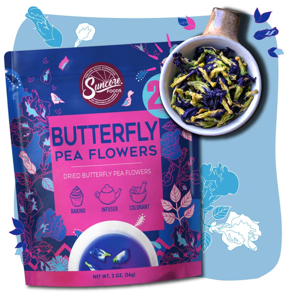 Suncore Foods Dried Butterfly Pea Flowers Tea, Caffeine-Free, Gluten-Free, Non-GMO, 2oz, Blue/Purple/Pink