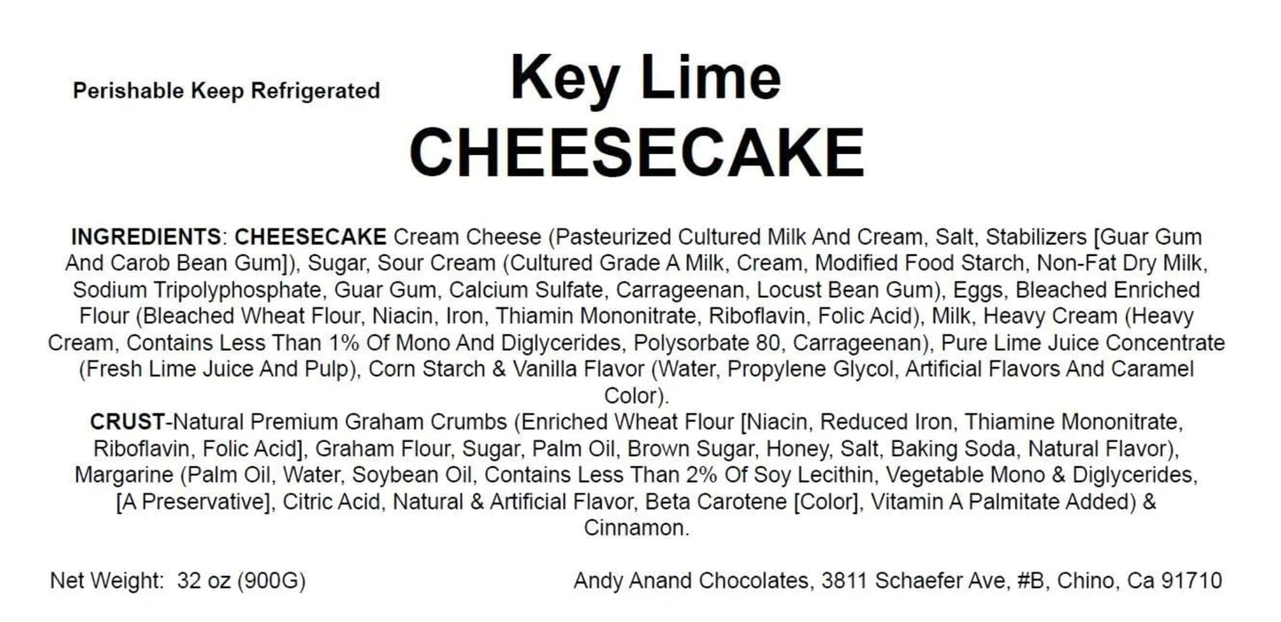 ANDY ANAND CHOCOLATIER Key Lime Cheesecake, 9, 2 lb, Made with Real California Cream Cheese, All-Natural Ingredients