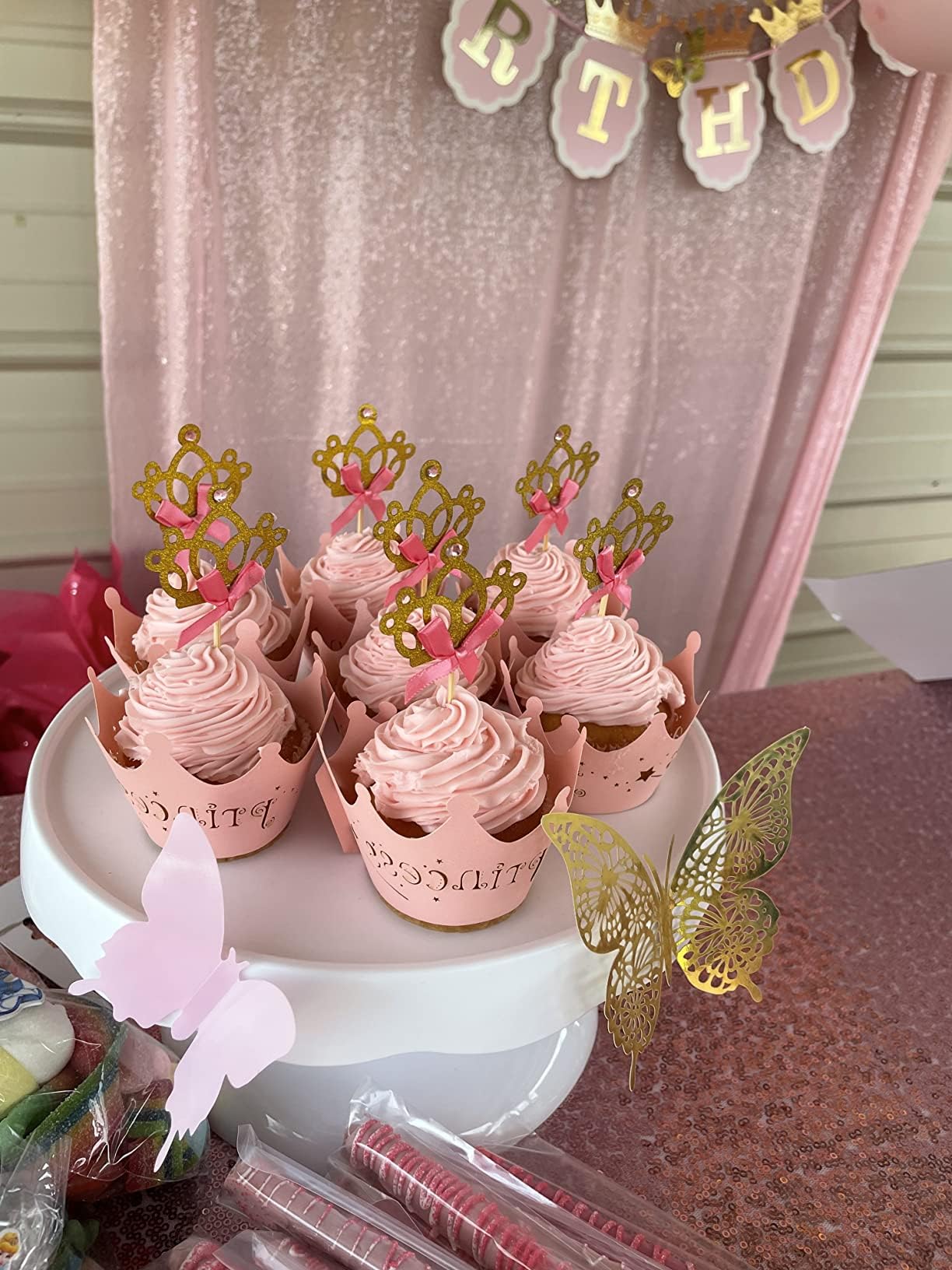 Jevenis 40 Pcs Glittery Princess Cupcake Toppers Crown Cupcake Wrapper Crown Cupcake Toppers Baby Shower Cupcake Decorations For