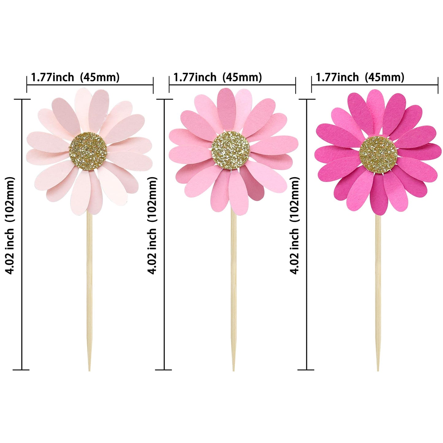 Ephlyn 24Pcs Daisy Cupcake Toppers Flower Cake Decorations 4.3cm x 12cm Rose Red Pink Paper