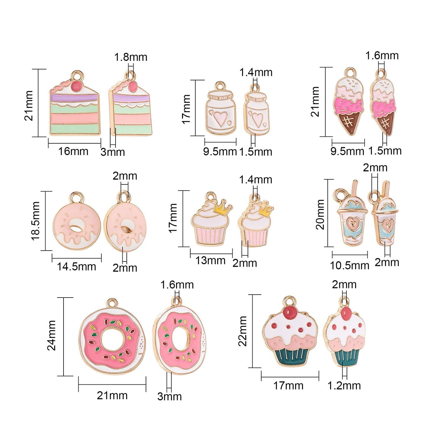 LiQunSweet 40 Pcs 8 Styles Cake Dessert Charms Cupcake Donut Cookies Food Ice Cream Bubble Mik Tea Juice Drink Enamel Small Dang
