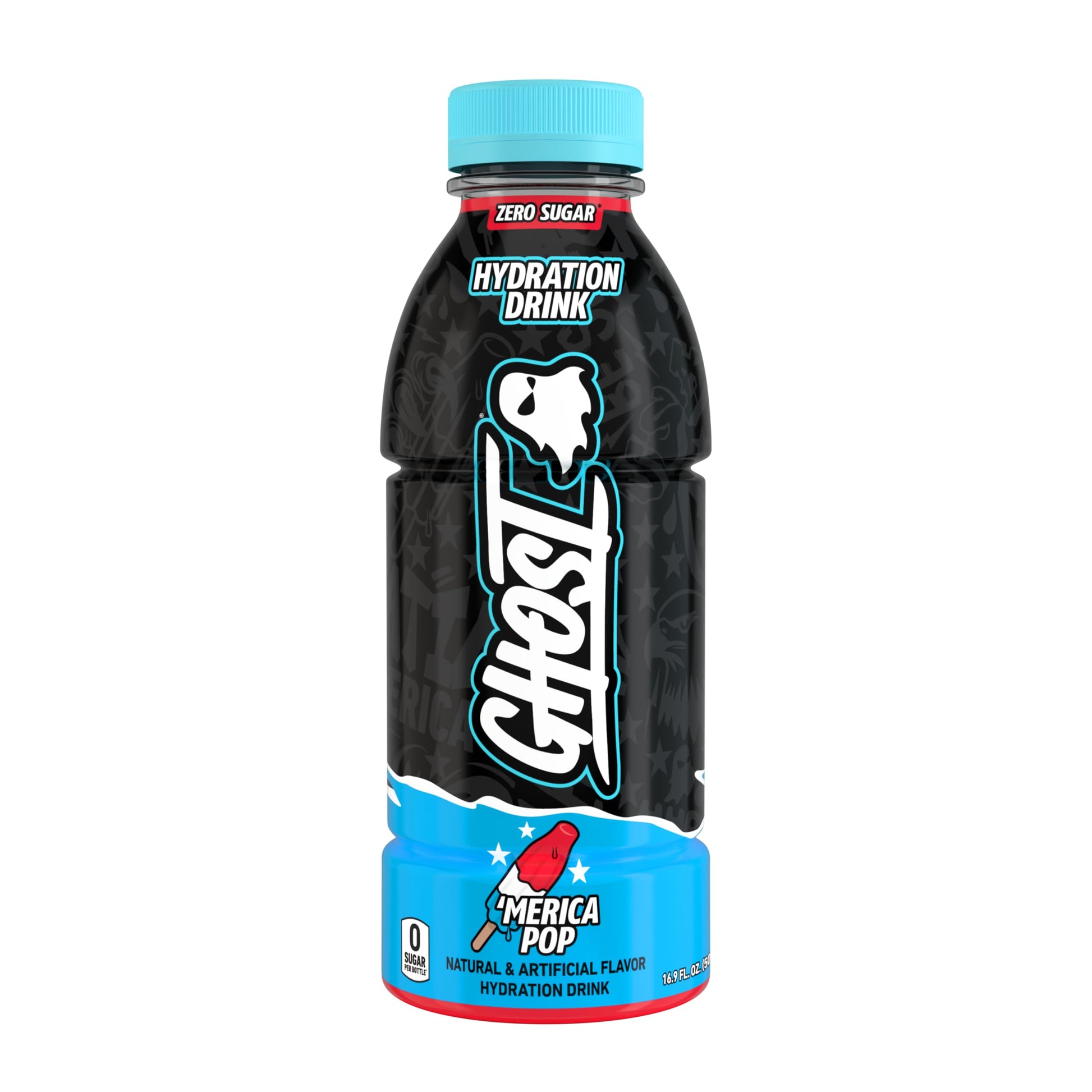 GHOST Hydration Drink  Merica Pop - RTD Sports Drink with Electrolytes  Natural Vitamins & Minerals - All Day Lifestyle Hydration Beverage - Zero Caffeine & Zero Sugars - 16.9 Fl Oz  12 Pack