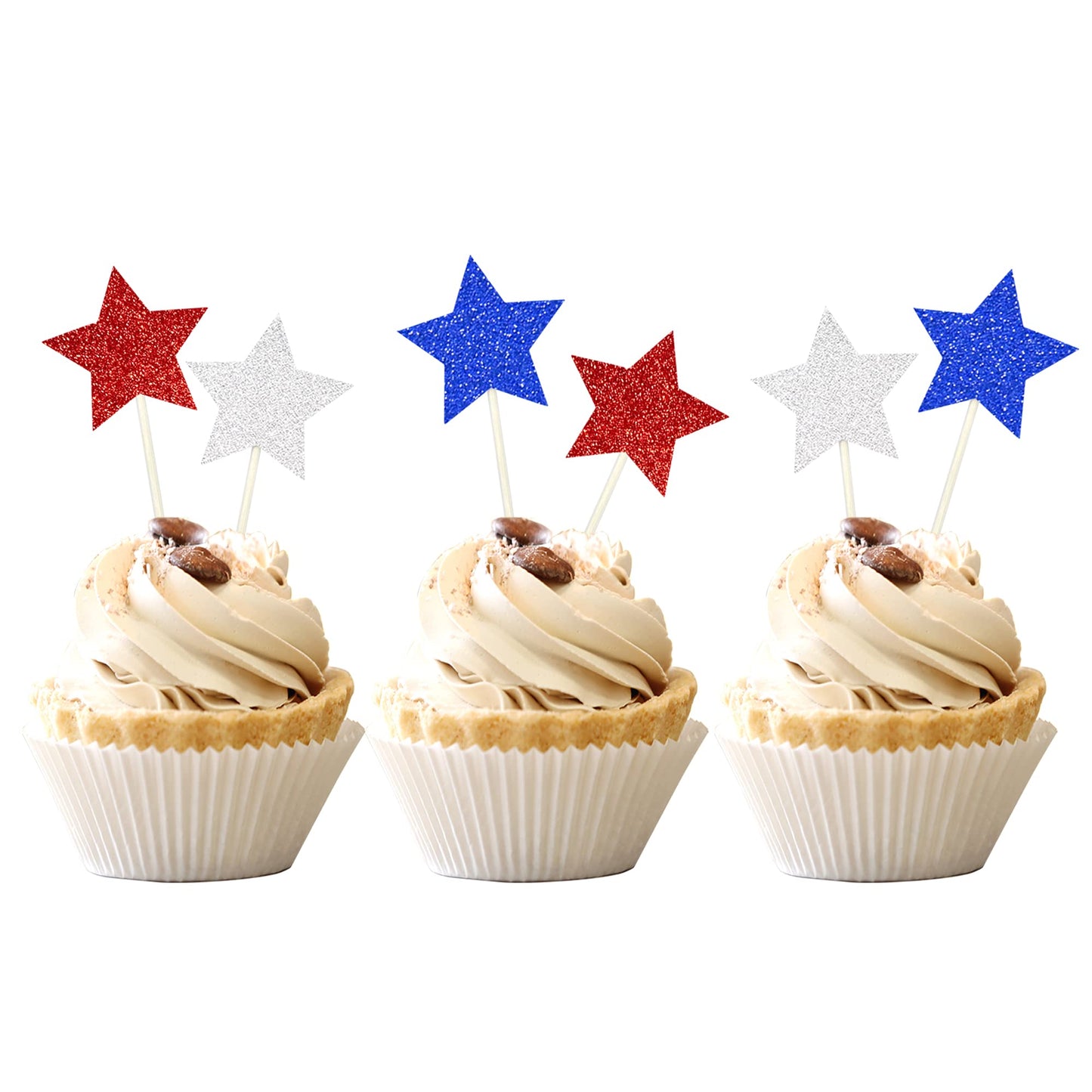 ZHUOWEISM 36 PCS Cupcake Toppers Blue Red Silver - Bamboo Independence Day Decorations for Birthday Parties