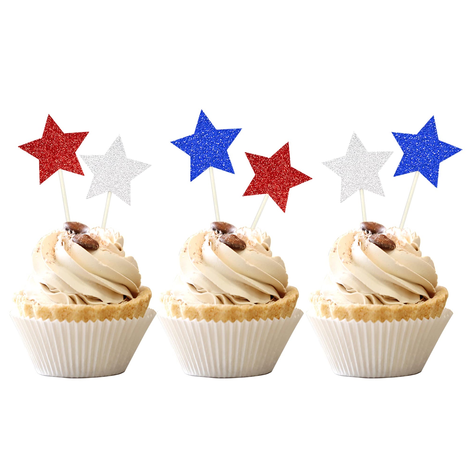 ZHUOWEISM 36 PCS Cupcake Toppers Blue Red Silver - Bamboo Independence Day Decorations for Birthday Parties