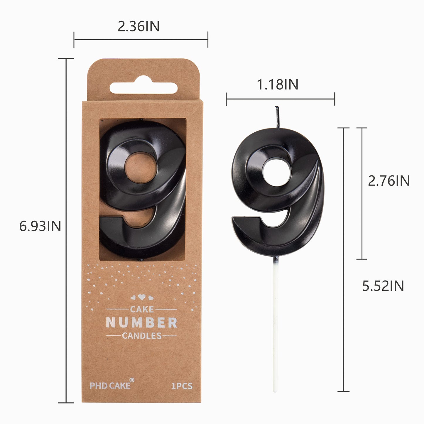 PHD CAKE Birthday Candles, Black Number 9, 2.76 Inch Wax Cake Decoration