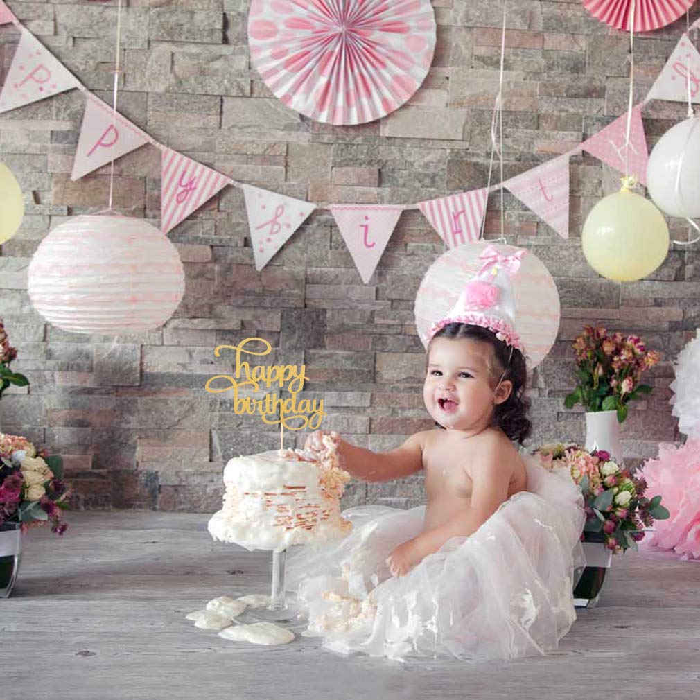 Leeleean Happy Birthday Cake Topper - Single-Sided Gold Glitter Shower Cake Topper For Photo Booth Props, First Anniversary Part