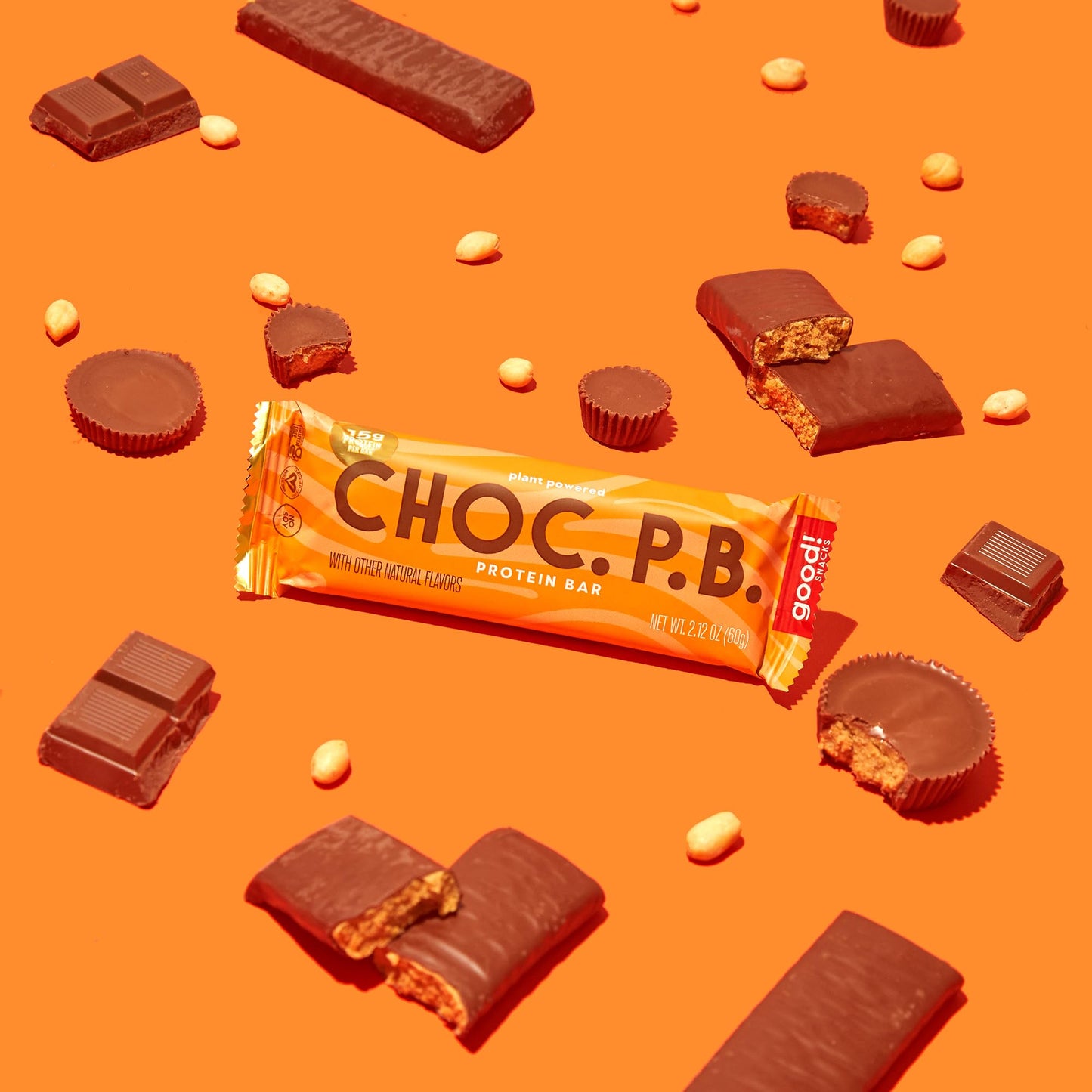 Good! Snacks Chocolate Peanut Butter Vegan Protein Bar, Soy & Gluten Free, Plant Based, Low Sugar, 15G Clean Protein, Natural Healthy Snack, Kosher Friendly, For Athletes & Active Lifestyles, 12 Bars